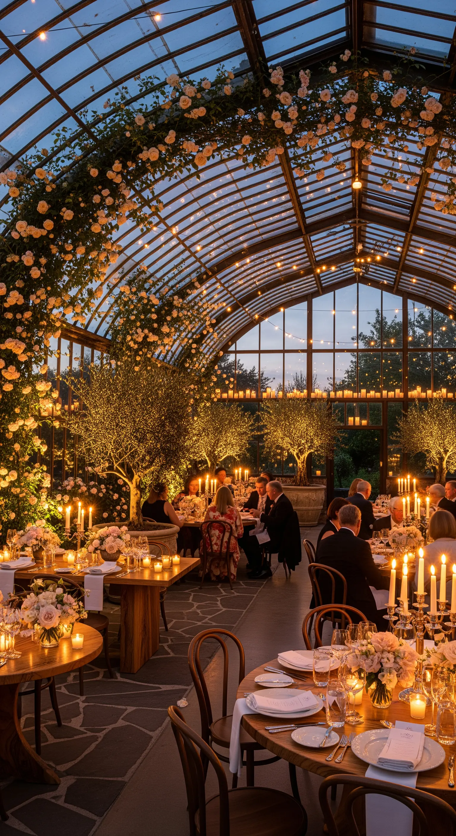 Dinner im gläsernen Pavillon, dekoriert mit Rosen, Kerzen und Lichterketten