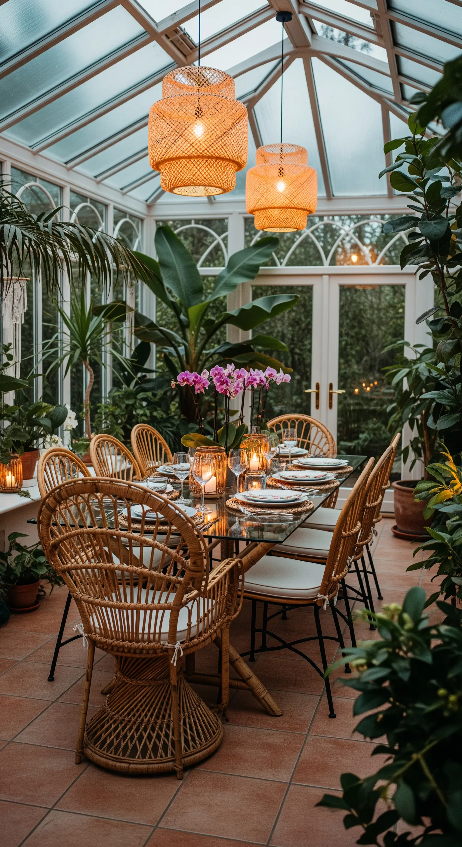 Essbereich in einem glasüberdachten Wintergarten, umgeben von Pflanzen.