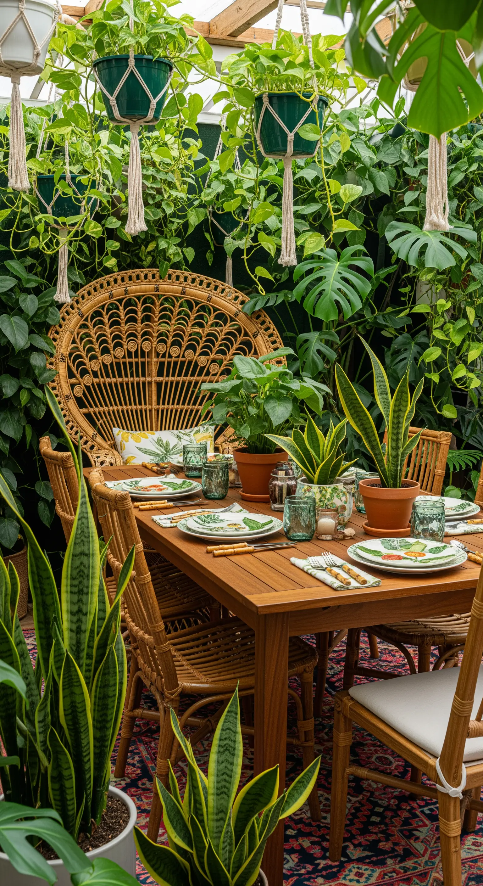Essbereich umgeben von unzähligen Zimmerpflanzen, mit einem Rattan-Pfauensessel.