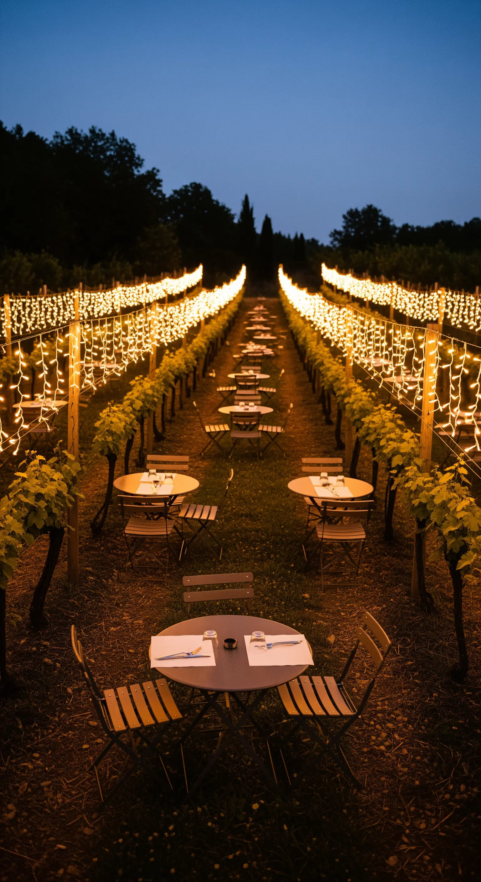 Abendessen im Weinberg mit Tischen zwischen den Rebenreihen, die von Lichterketten beleuchtet werden.