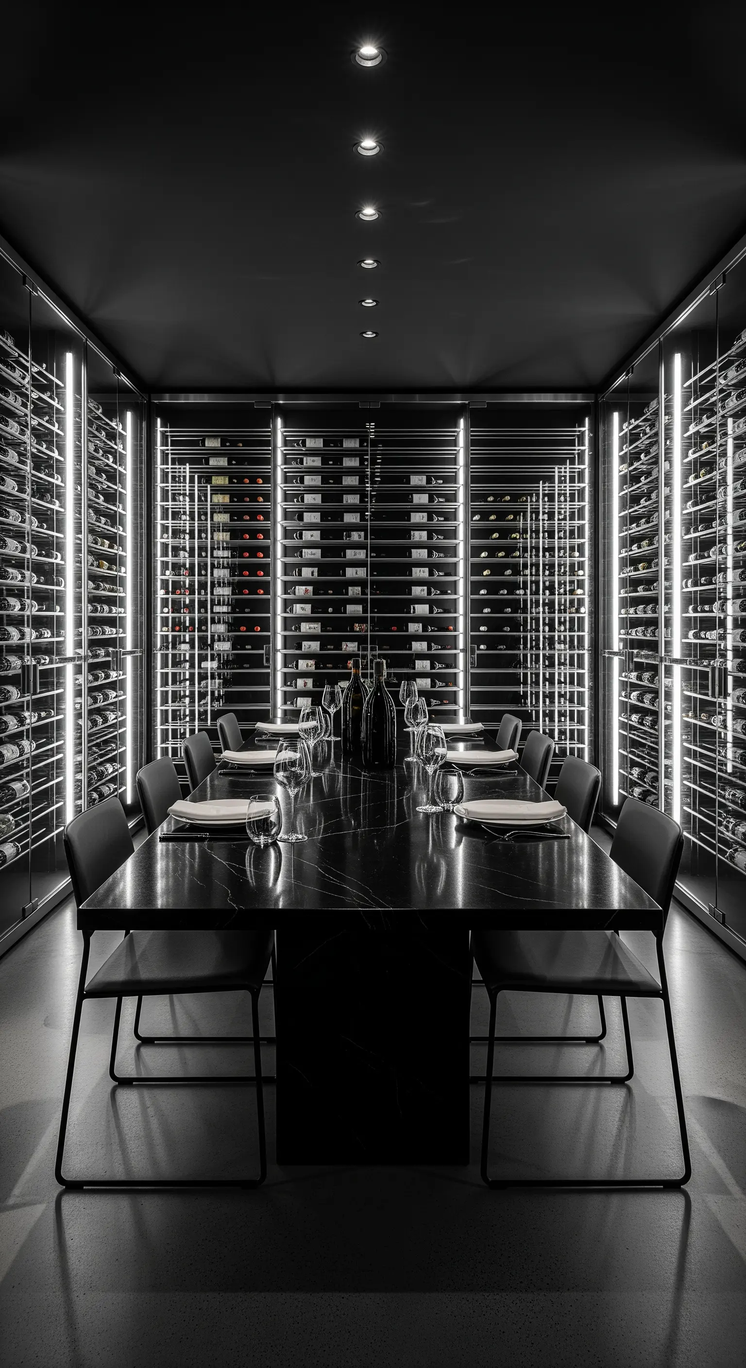 Esstisch in einem modernen Weinkeller mit beleuchteten Weinregalen an den Wänden.