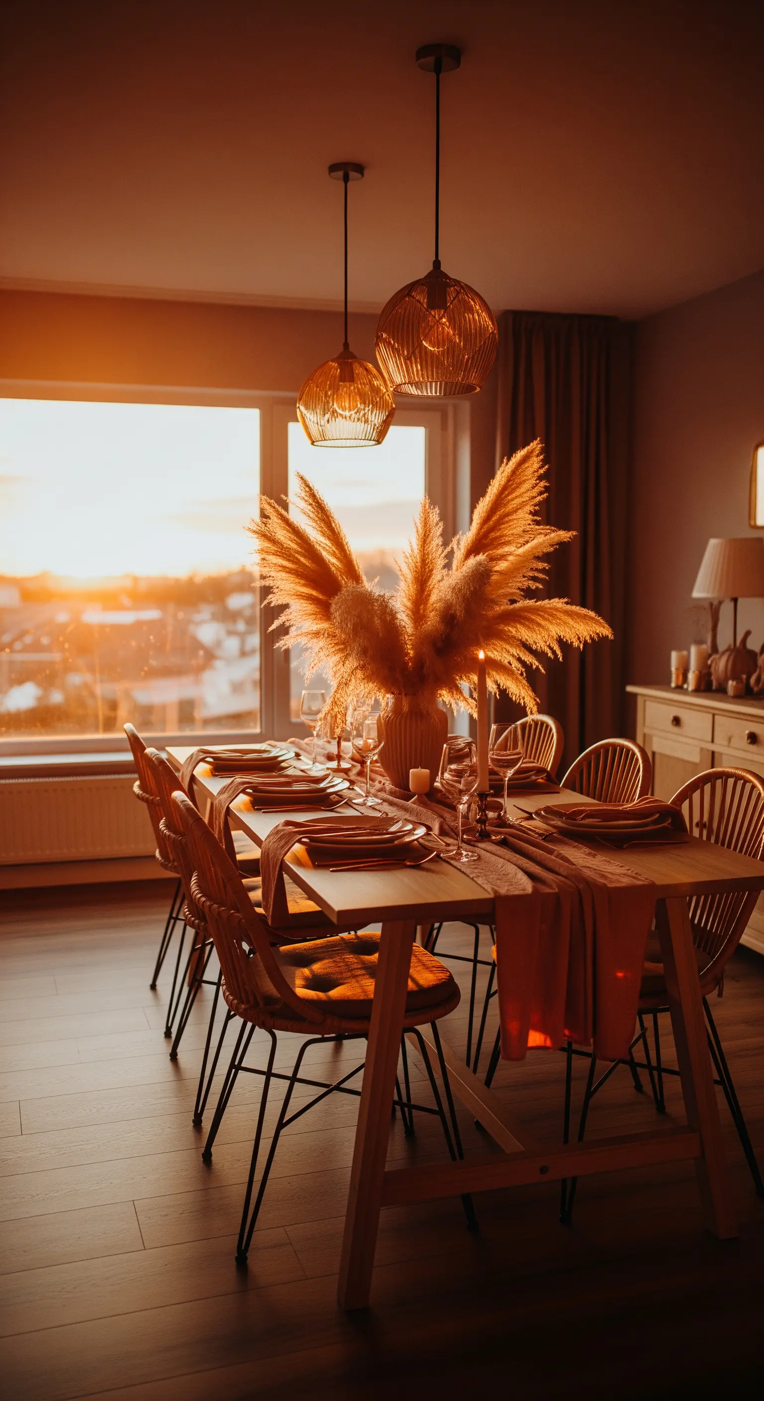 Boho-Esstisch im goldenen Licht der untergehenden Sonne, mit Pampasgras-Deko.