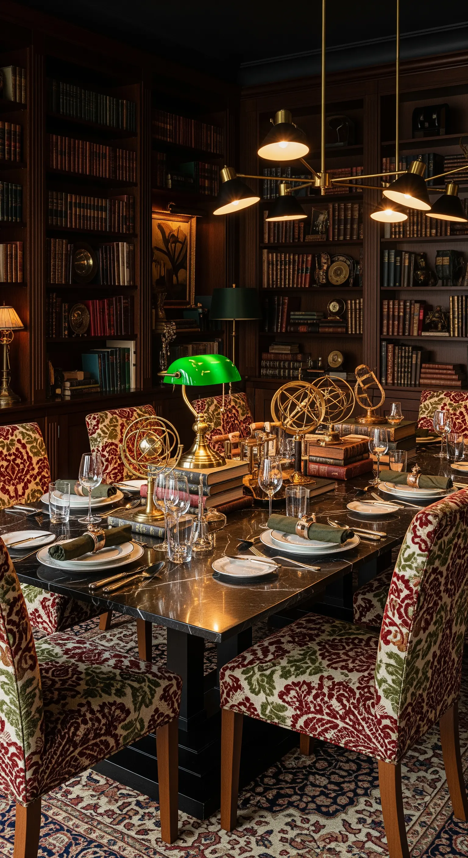 Esstisch in einer dunklen Holzbibliothek mit gemusterten Stühlen und Messing-Leuchter.