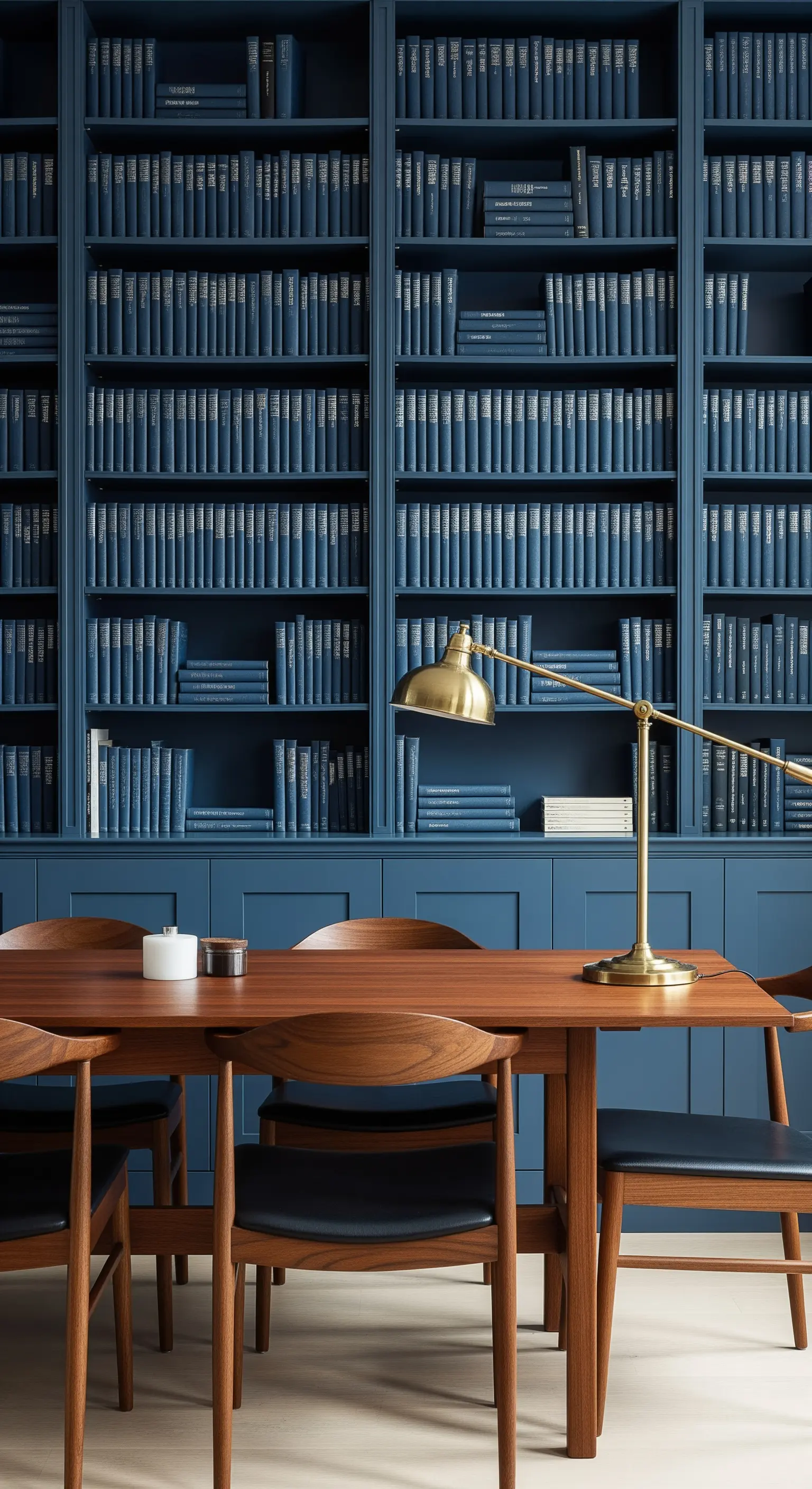 Holztisch mit Mid-Century-Stühlen vor einer raumhohen, dunkelblauen Bücherwand.