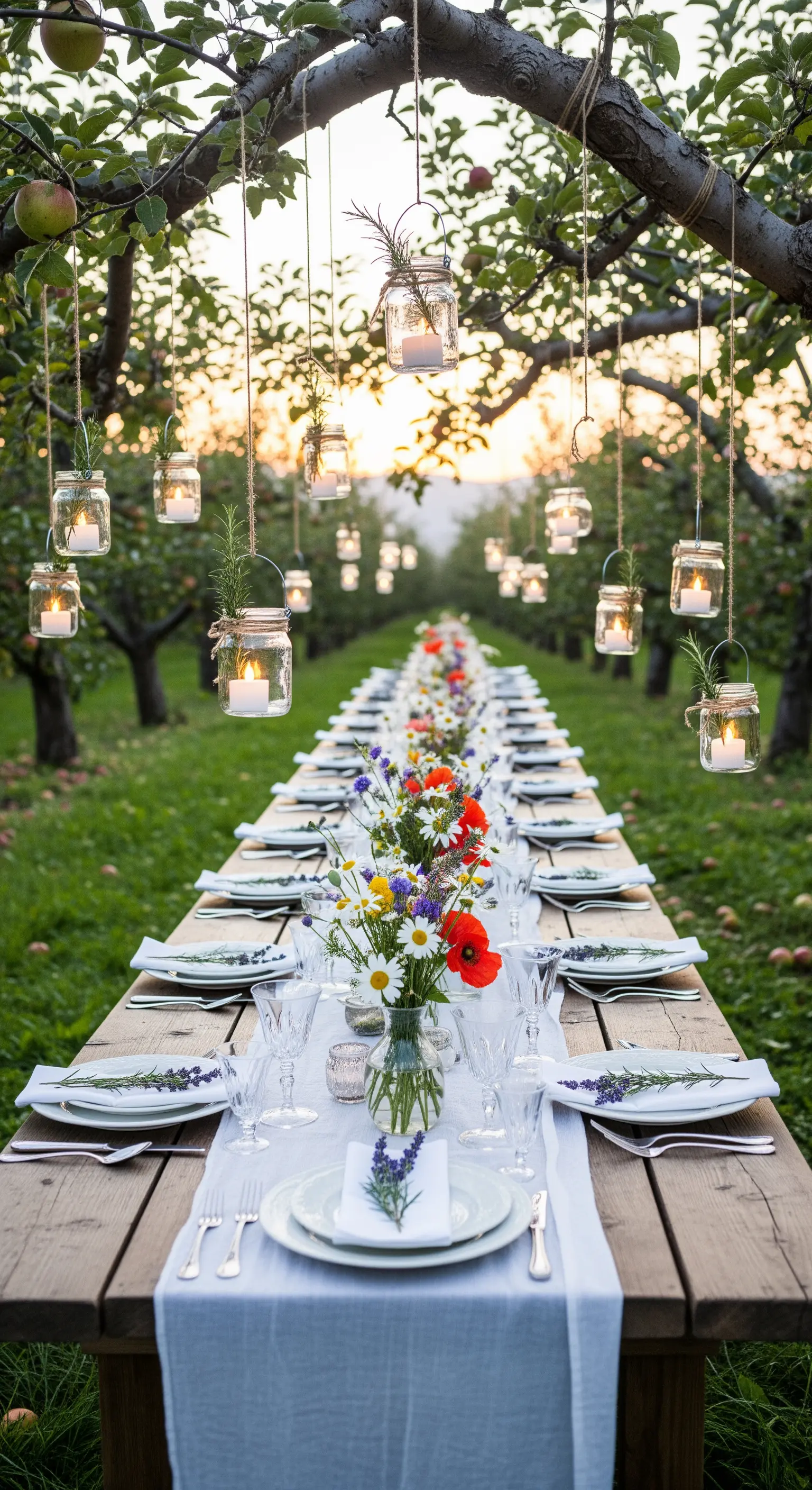 Langer Holztisch unter Obstbäumen mit hängenden Laternen aus Einmachgläsern.