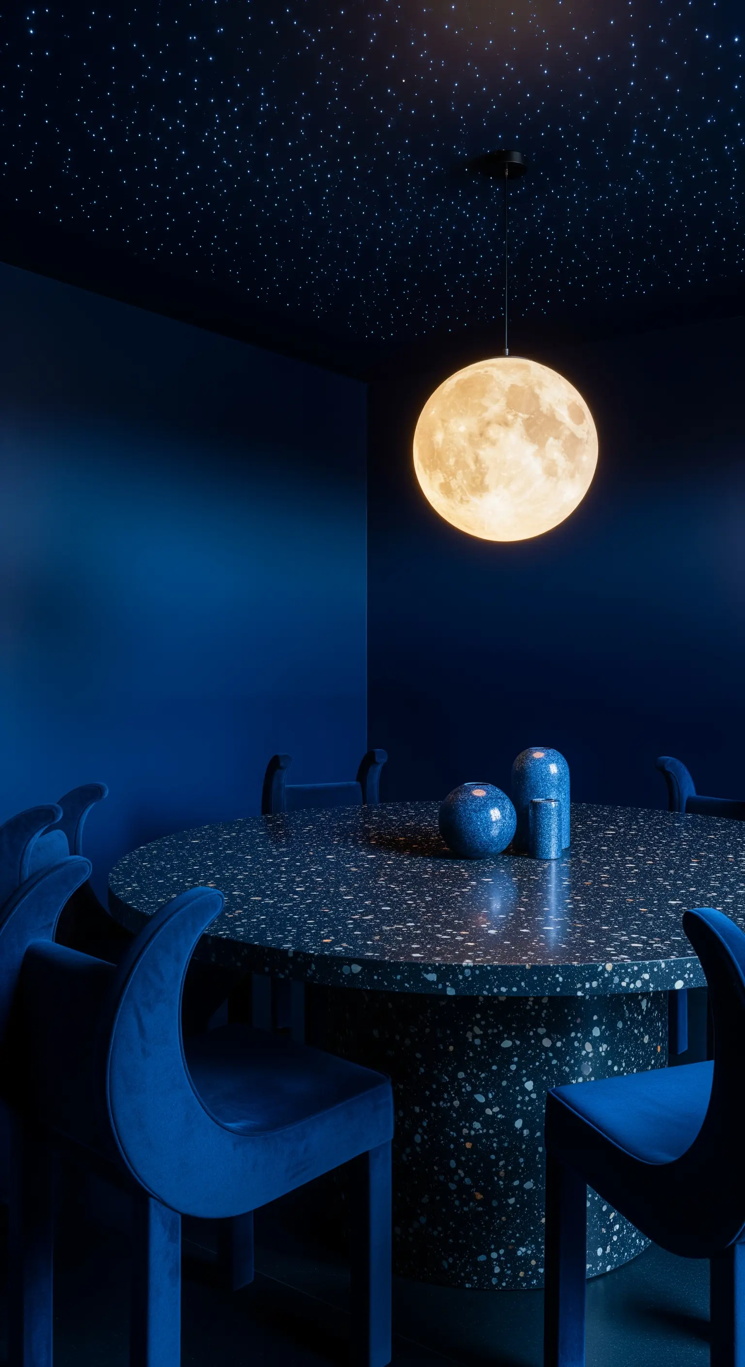 Blauer Raum mit Sternenhimmeldecke, Mond-Lampe und rundem Terrazzo-Tisch.