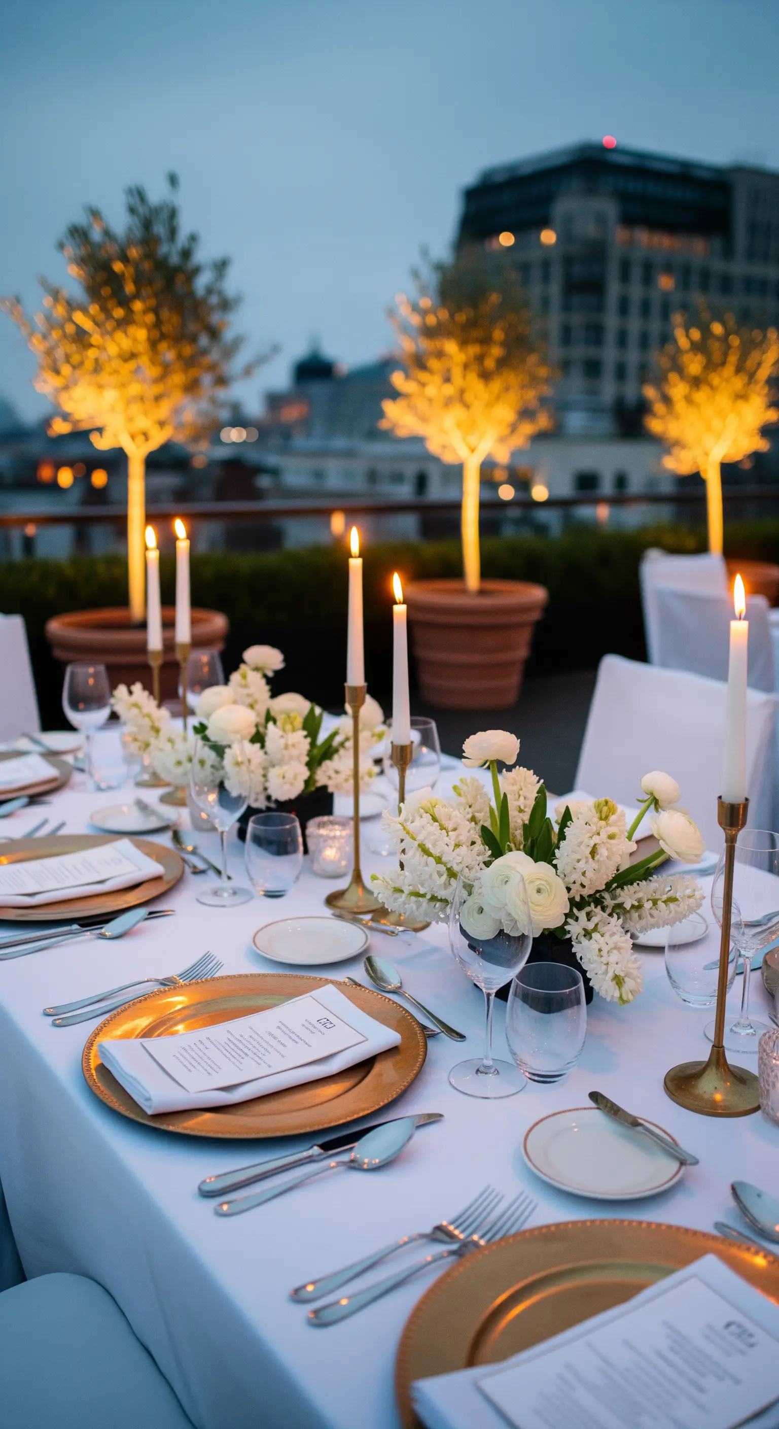 Elegant gedeckter Tisch auf einer Dachterrasse bei Nacht mit Kerzenlicht.