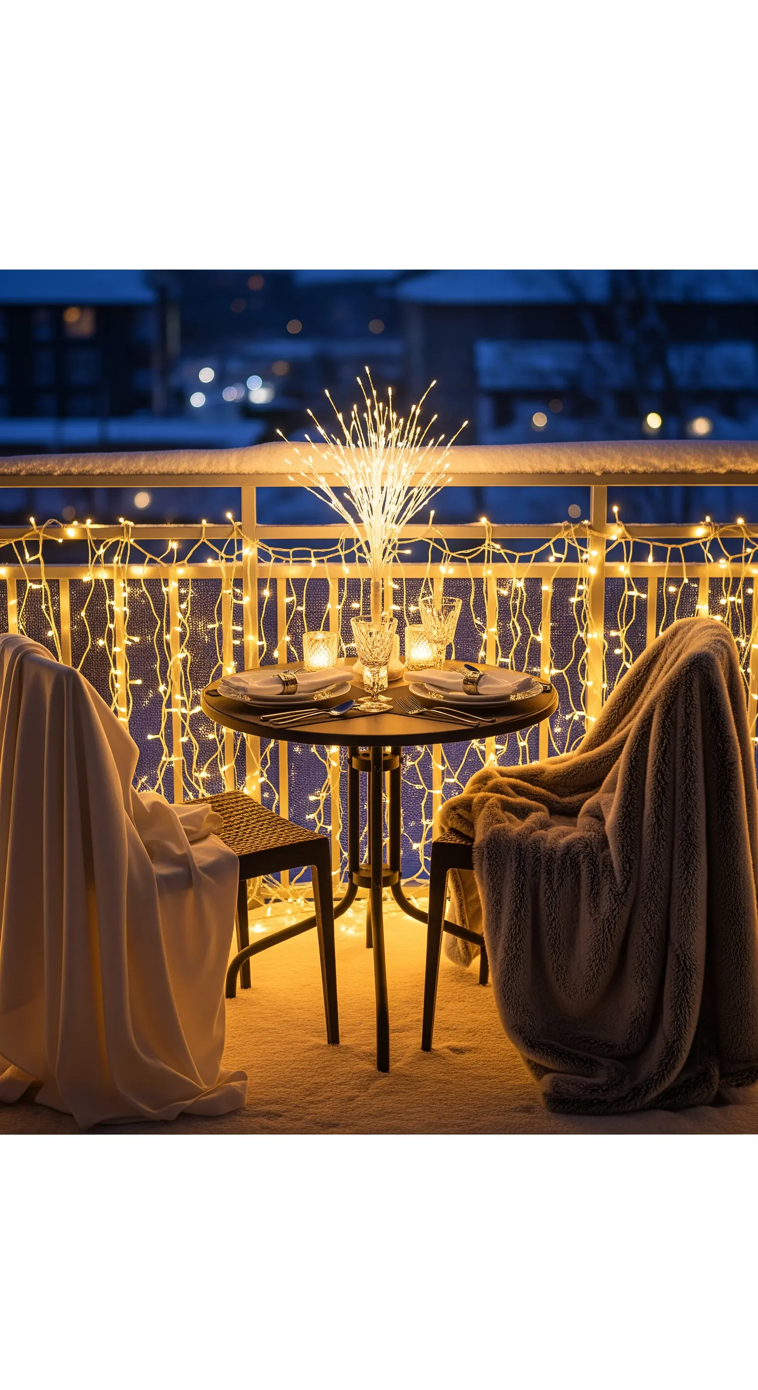 Balkon-Esstisch für zwei Personen unter Lichterketten-Baldachin mit funkelndem Centerpiece