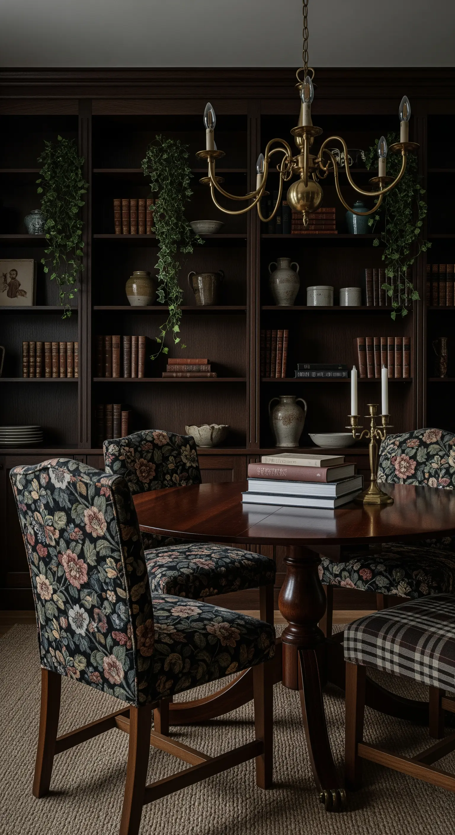 Esszimmer vor einer dunklen Bücherwand mit Stühlen mit Blumenmuster.