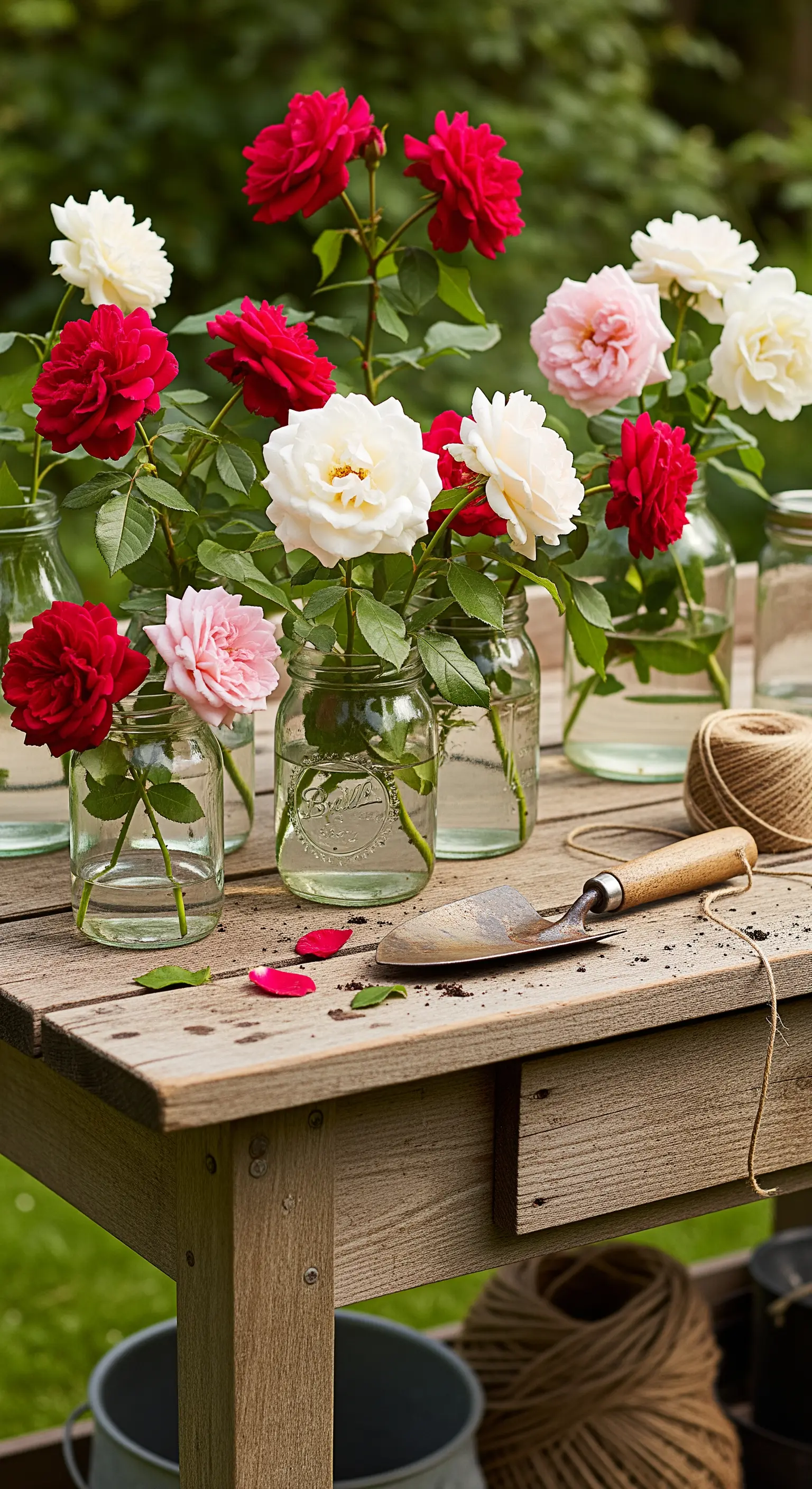 Frisch geschnittene Gartenrosen in Einmachgläsern auf einem rustikalen Holztisch.
