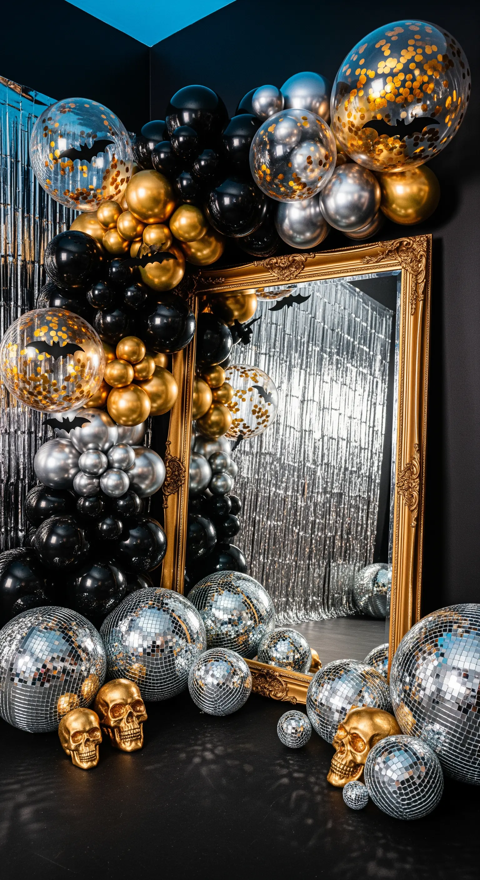 Goldgerahmter Spiegel mit schwarzen, goldenen und silbernen Ballons, Disco-Kugeln und Totenköpfen