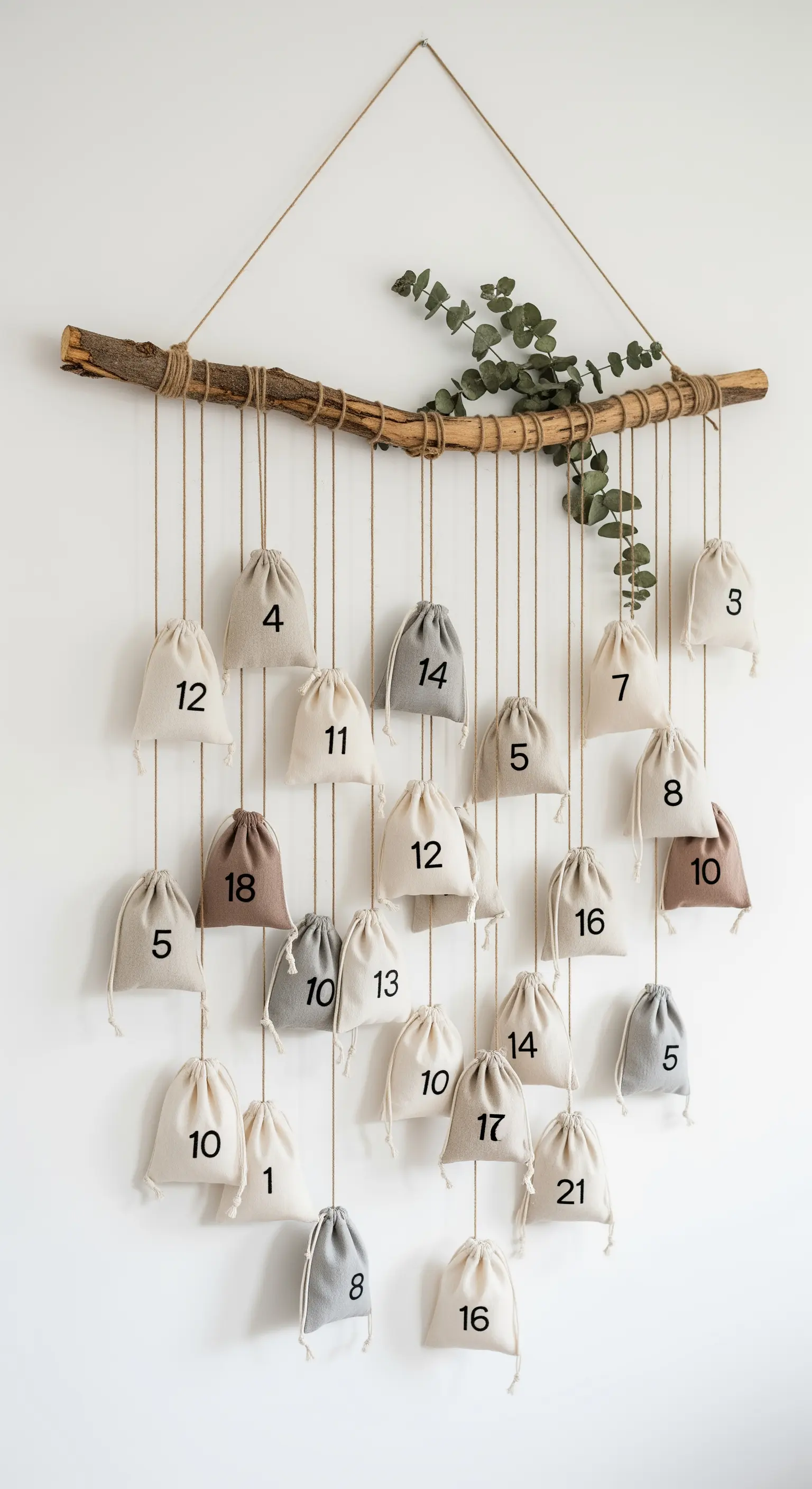 DIY-Adventskalender aus Stoffbeuteln an einem Ast mit Eukalyptus