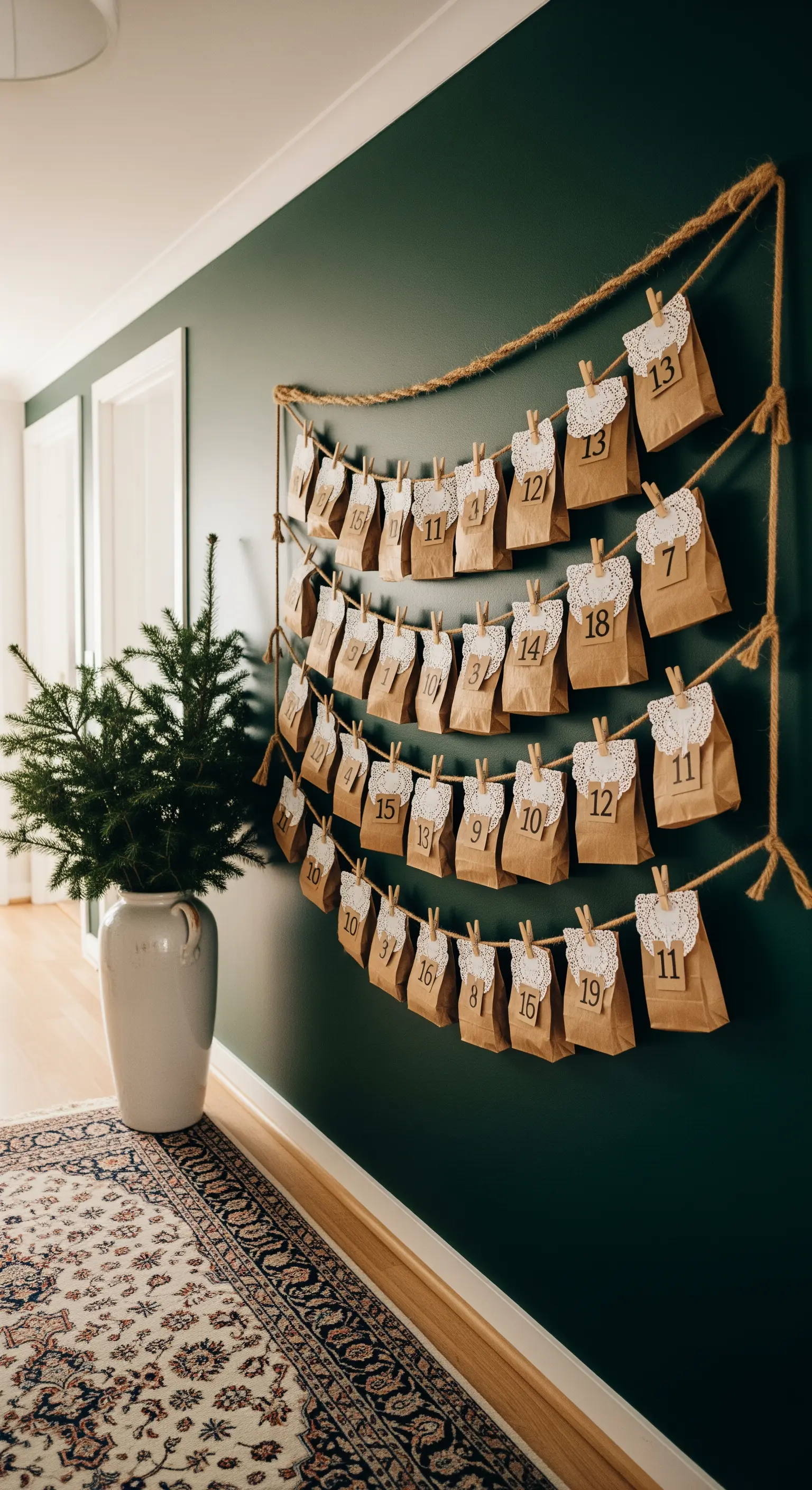 Adventskalender aus Papiertüten mit Spitze an einer dunkelgrünen Wand
