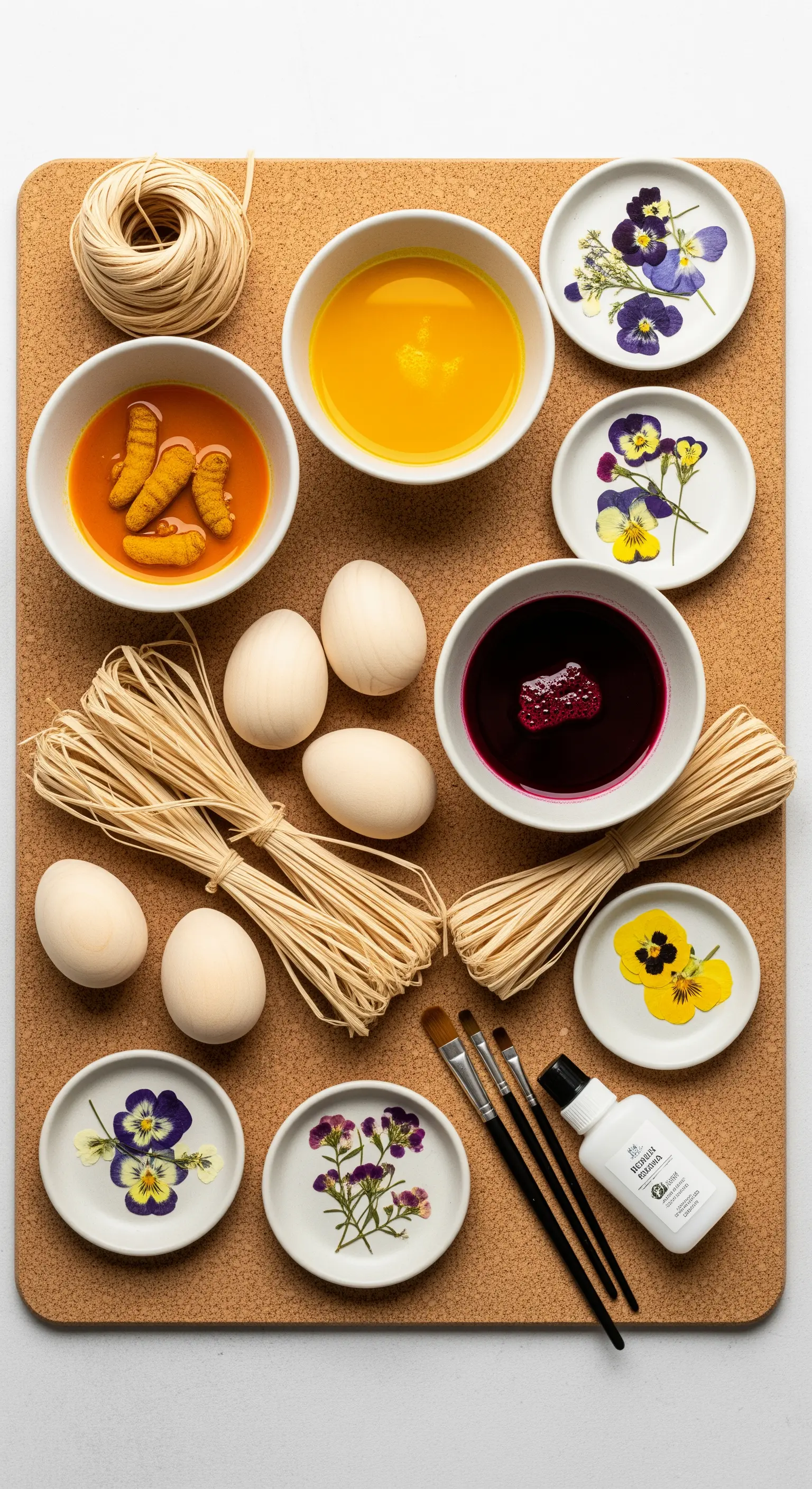 DIY-Eierfärbe-Station mit natürlichen Farbstoffen, Holzstücken und gepressten Blüten
