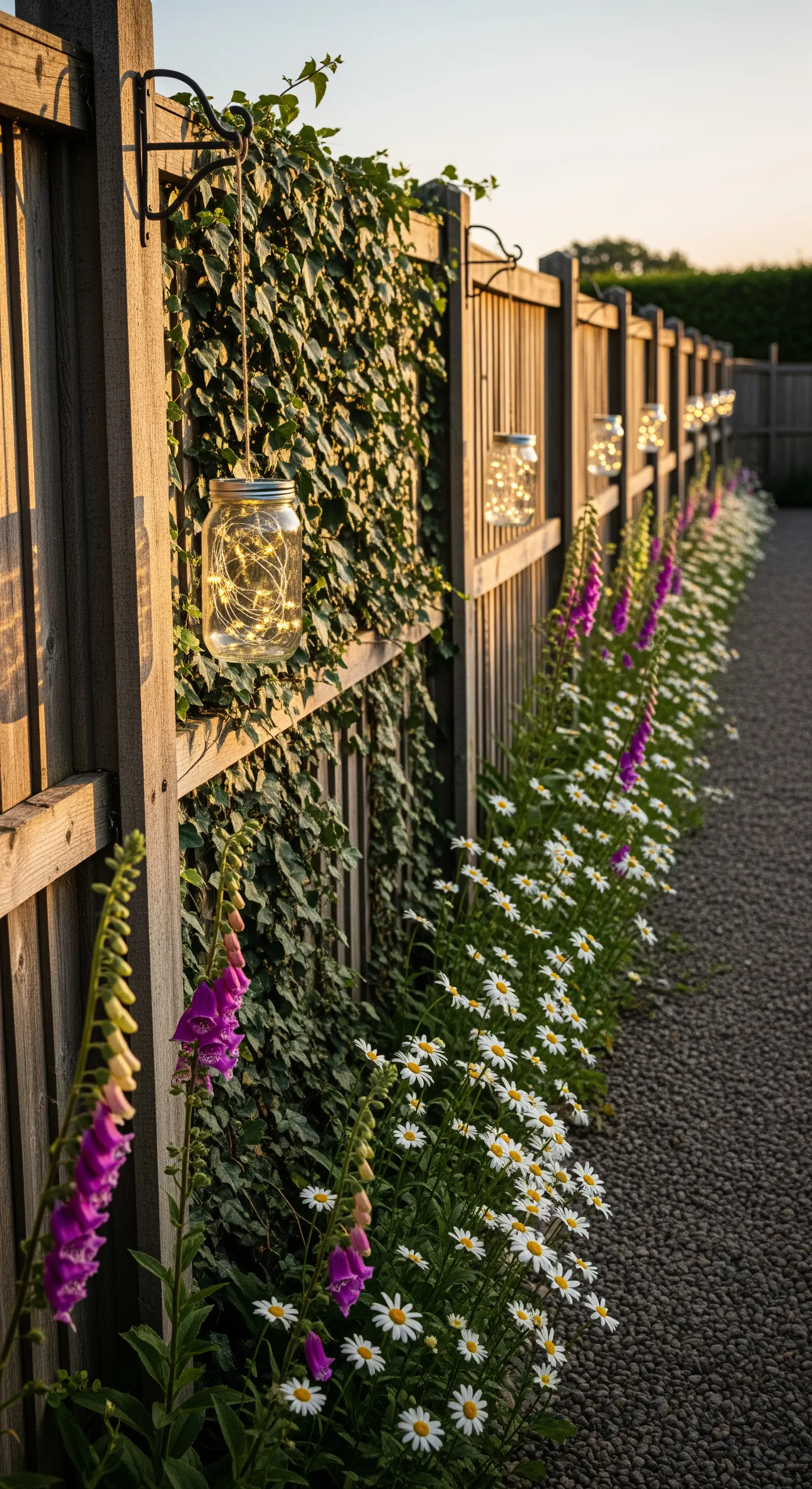 Am Holzzaun hängende Einmachgläser, gefüllt mit warmweißen Lichterketten.