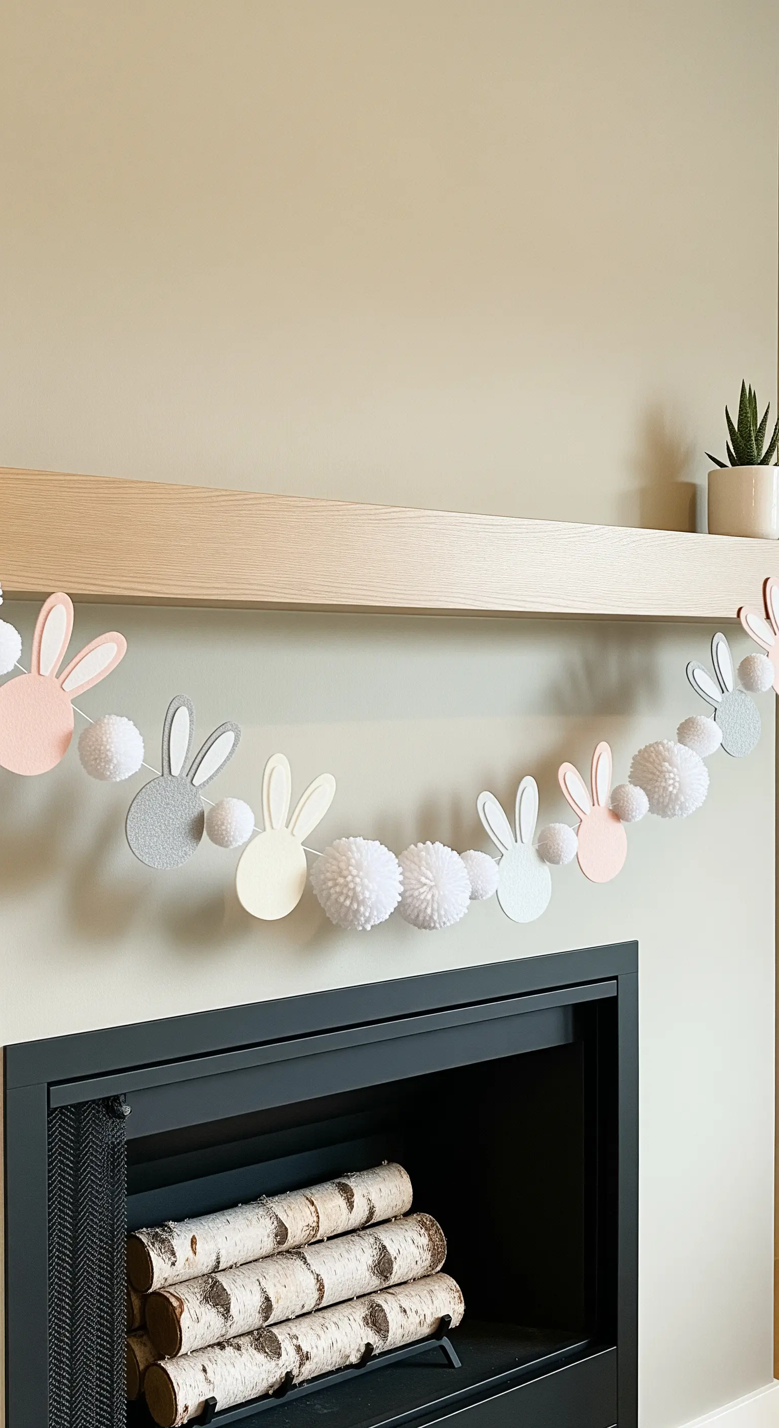 Pastellfarbene Hasengirlande mit weißen Pompons über einem Kaminsims