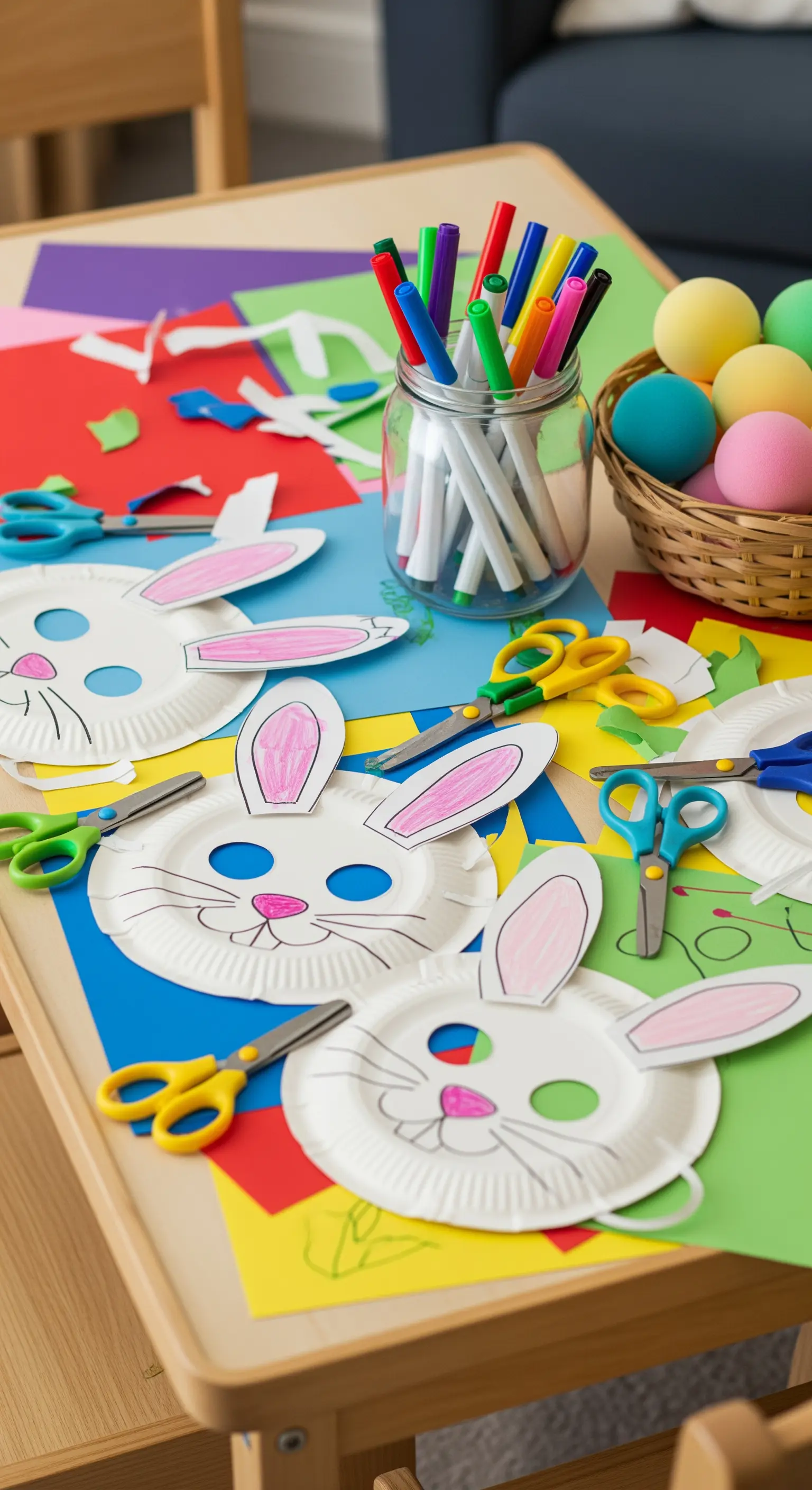 Bastelstation: Teller-Hasenmasken, bunte Eier, Stifte, Scheren.