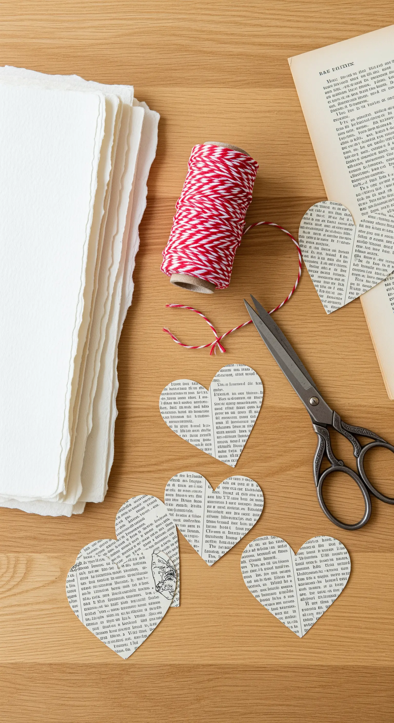 Aussgeschnittene Herzen aus Buchseiten, Schere und rot-weißer Bäckerzwirn auf Holztisch.