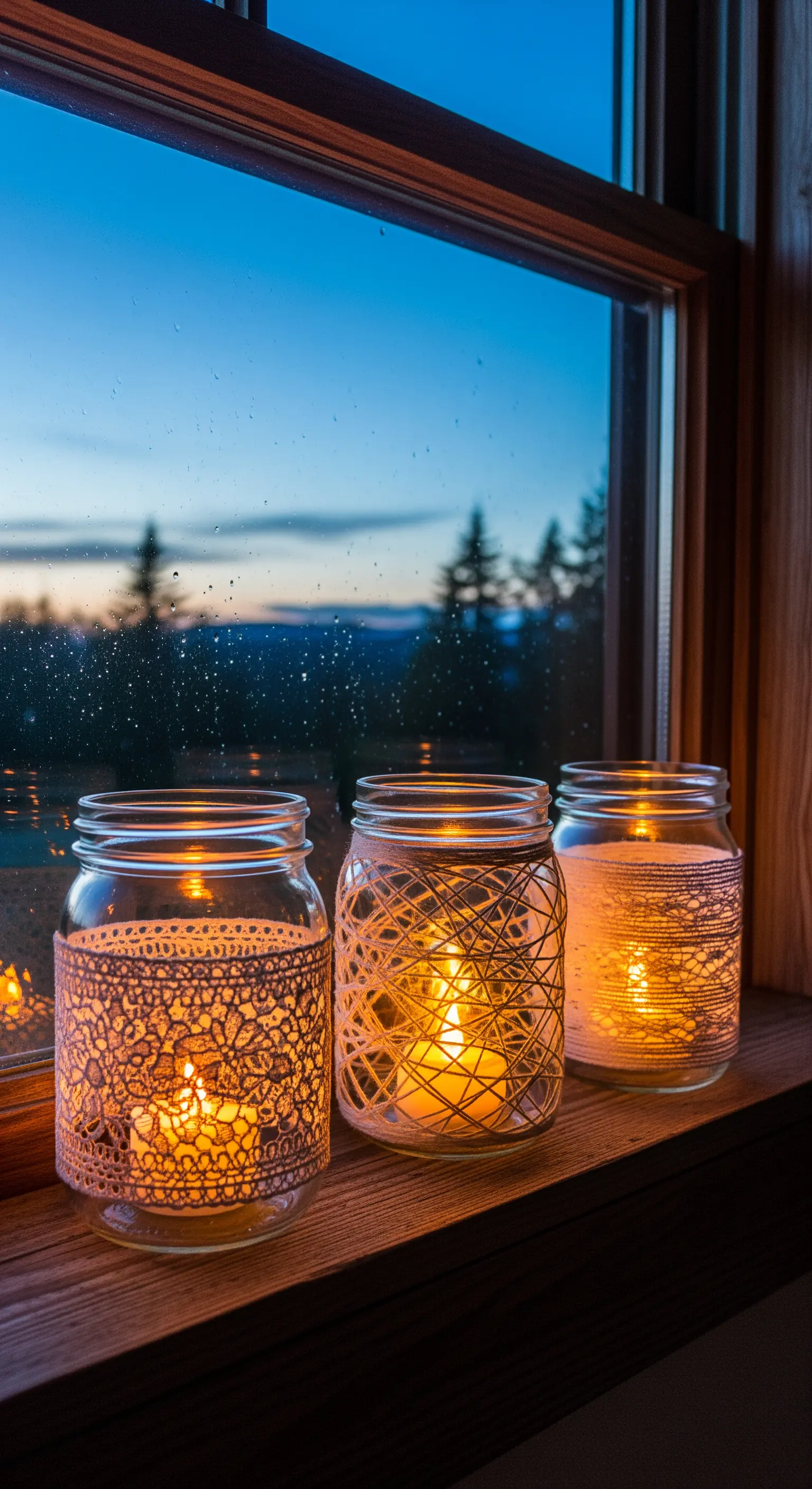 Fensterbank mit drei DIY-Einmachglas-Laternen, verziert mit Spitze und Schnur, bei Sonnenuntergang.