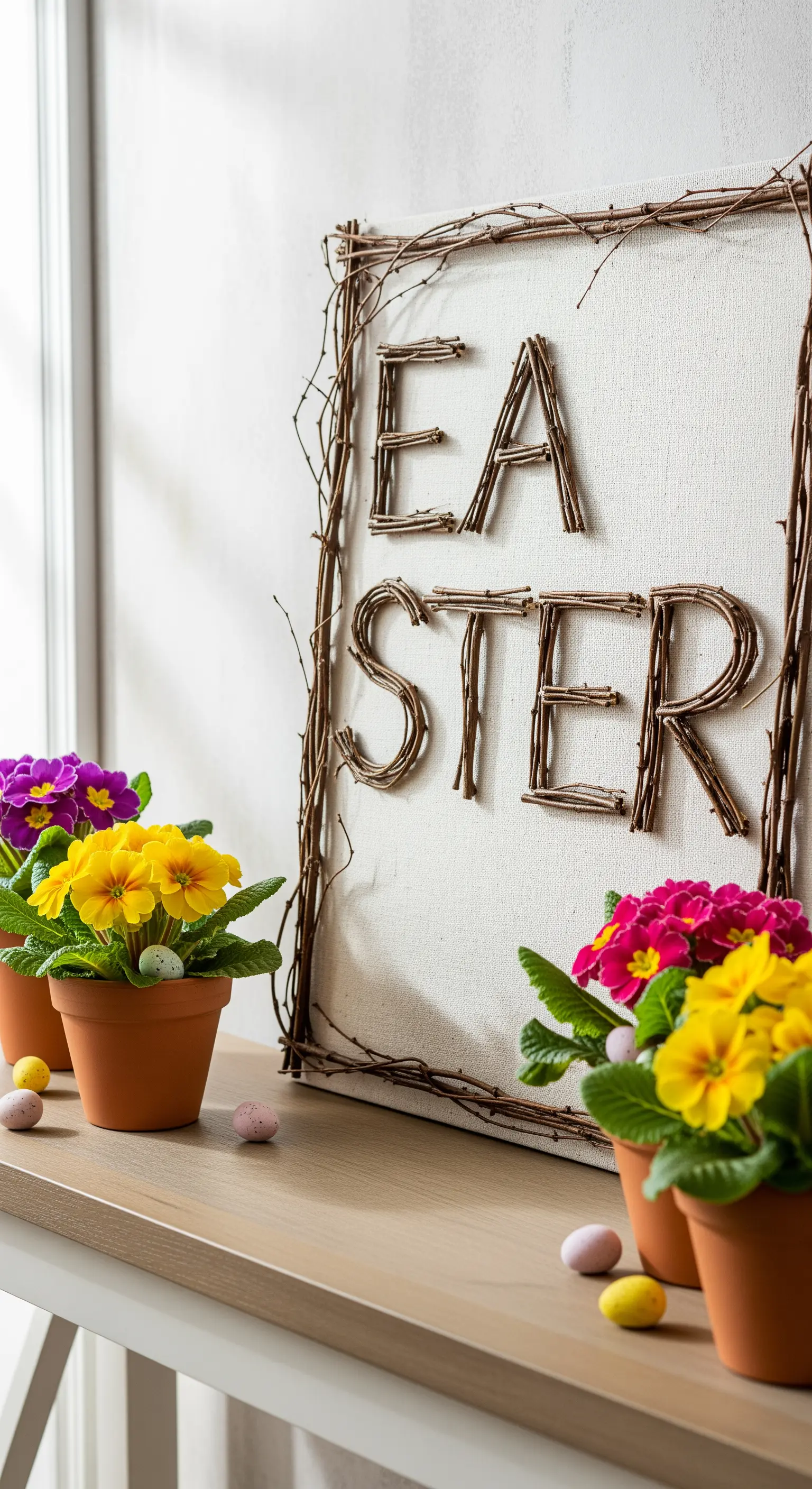Leinwandbild mit EASTER-Schriftzug aus Ästen, umrahmt von Primeln in Tontöpfen