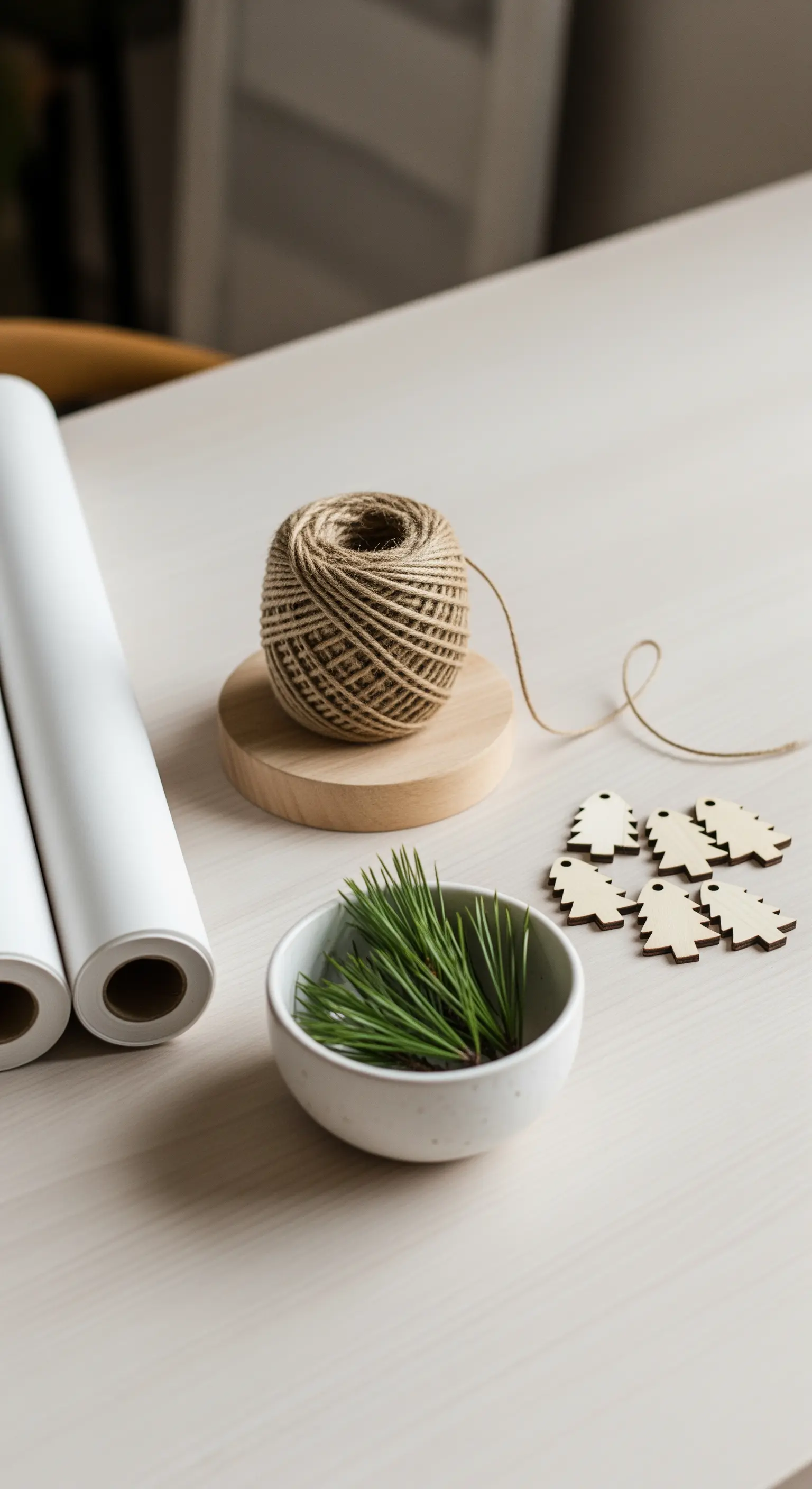 DIY-Materialien: Jutegarn, weißes Papier, Tannennadeln, kleine Holzbäume