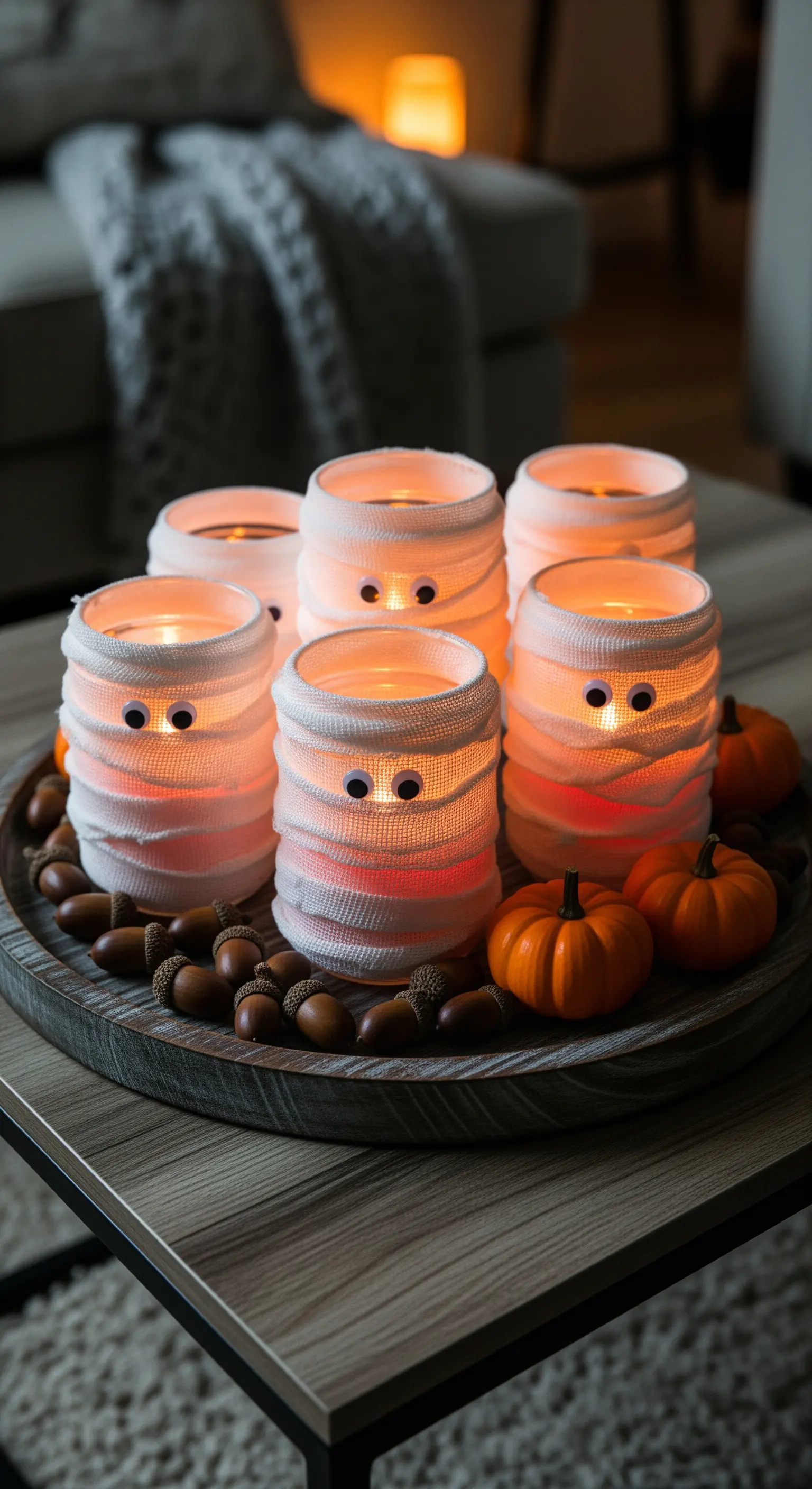 Couchtisch-Deko mit DIY Mumien-Kerzenhaltern, Mini-Kürbissen und Eicheln