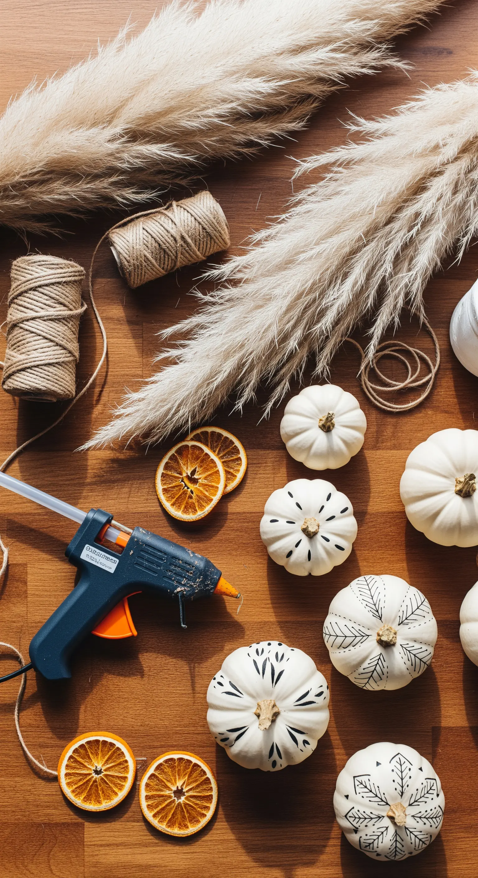 DIY-Projekt zum Bemalen von weißen Kürbissen mit schwarzen Mustern und Naturmaterialien.