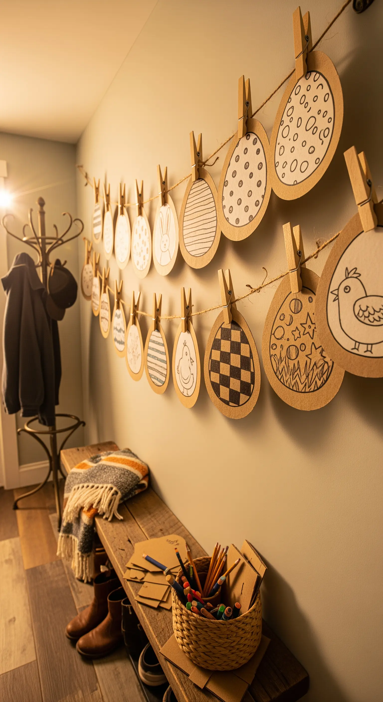 Oster-Wäscheleine mit bemalten Pappeiern an einer Wand