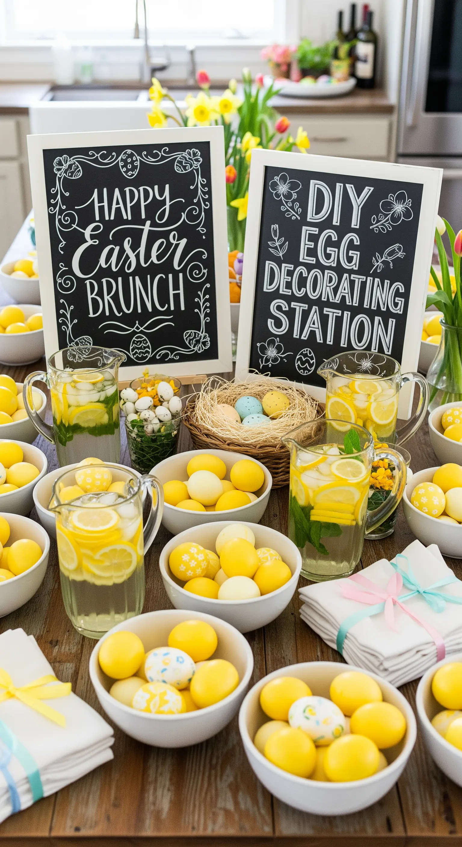 Osterbrunch-Buffet mit Zitronen-Deko und Eier-Malstation