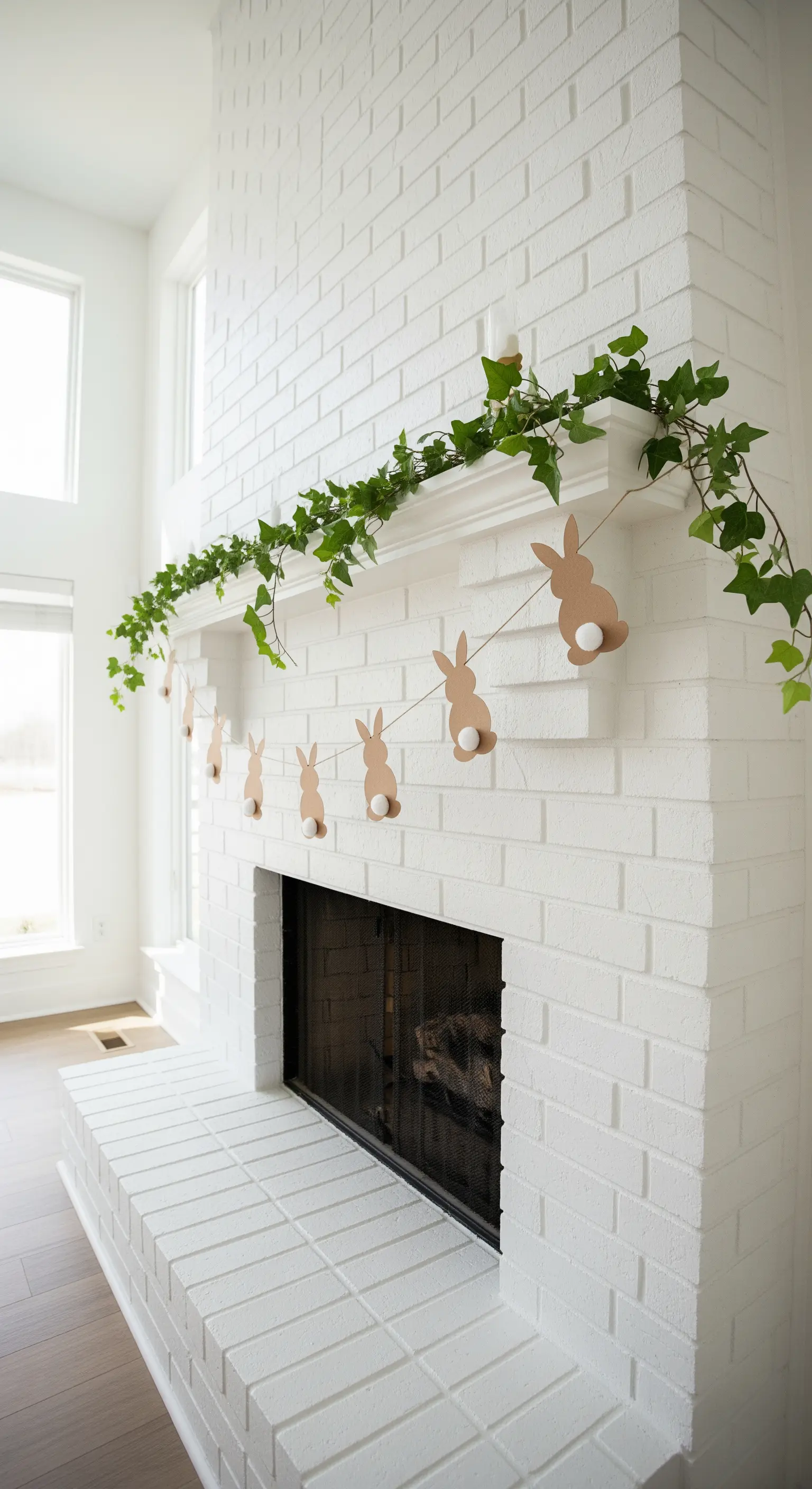 Osterhasen-Girlande und Efeu auf einem weißen Kaminsims