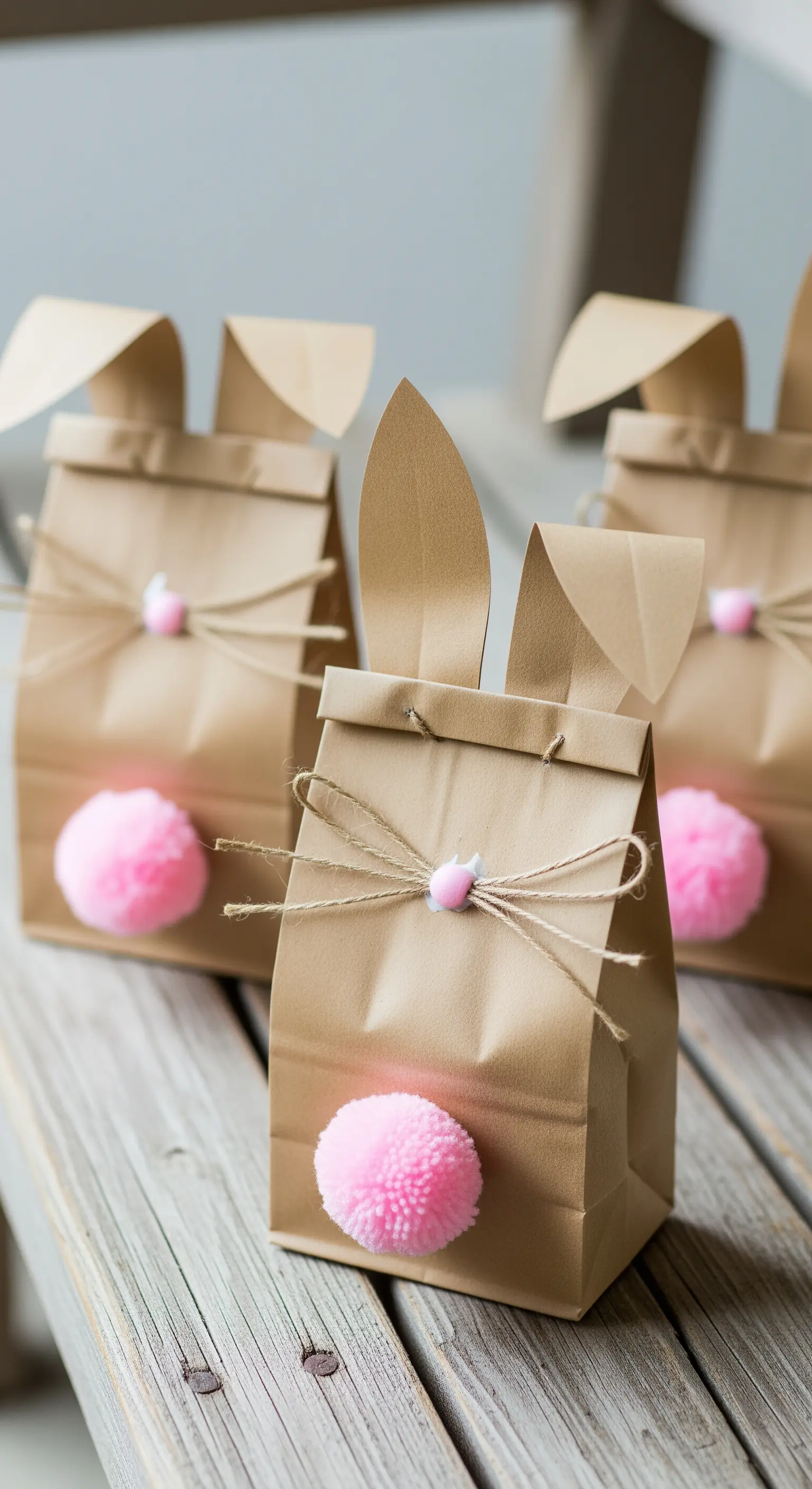 Kraftpapiertüten als Hasen mit Pompon-Schwänzen als Ostergeschenkverpackung