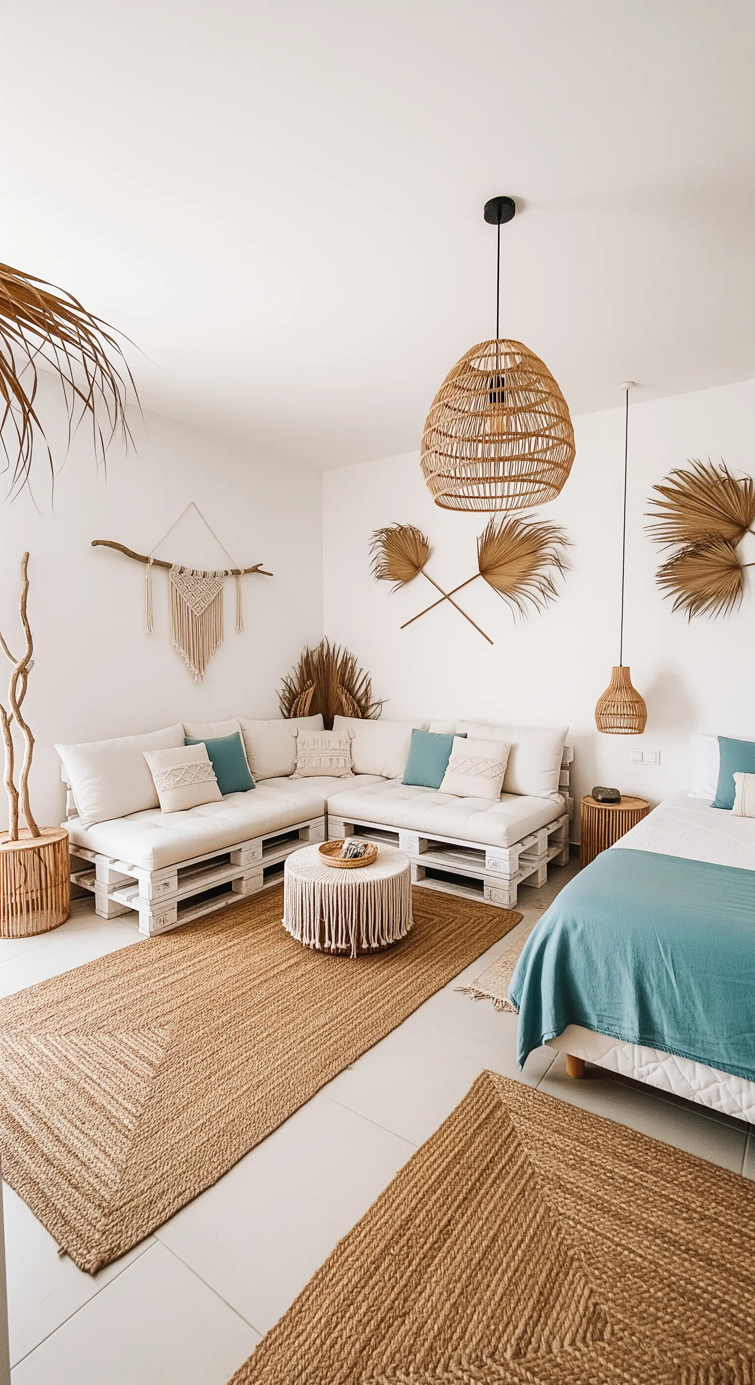 Weißes Zimmer mit Ecksofa aus Paletten, großem Rattan-Lampenschirm und Trockenblumen-Wanddeko