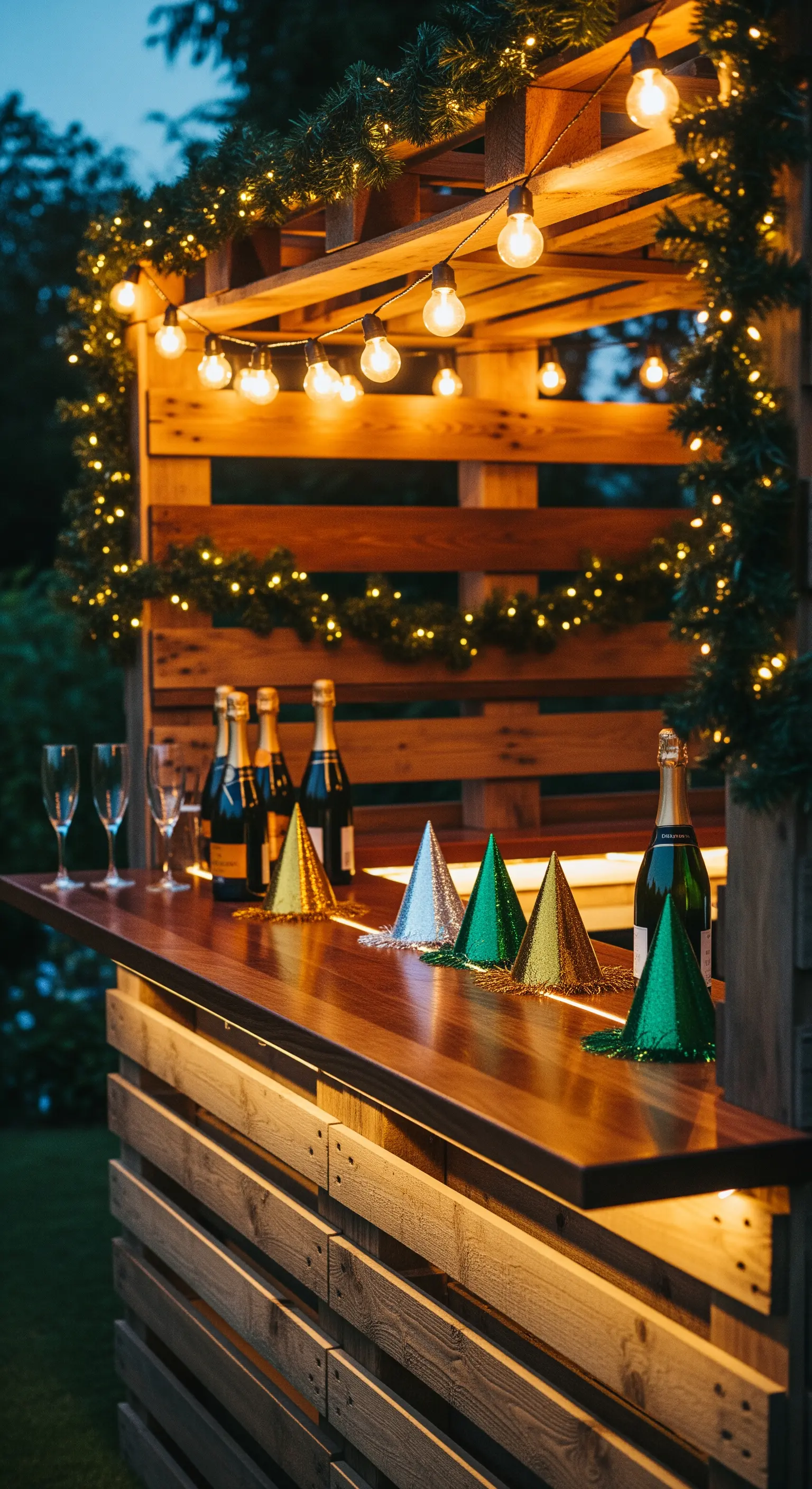 Palettenbar im Freien mit Lichterketten, Tannengirlanden und Partyhüten.