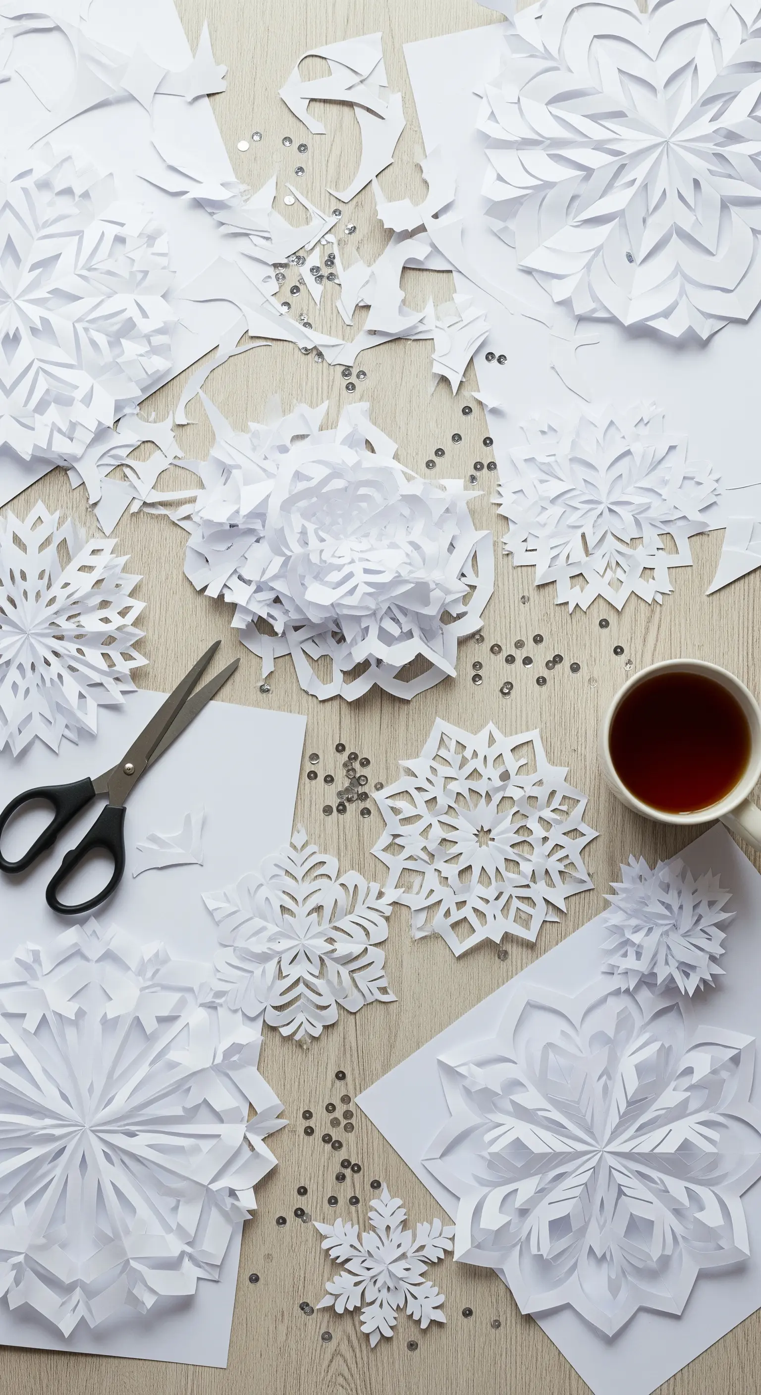 Basteltisch mit geschnittenen Papier-Schneeflocken, Schere und Tee