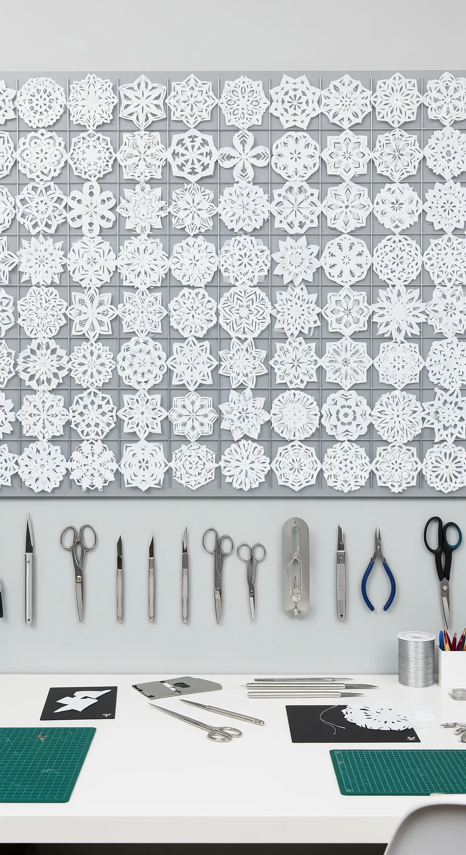 Schreibtisch mit Werkzeugen für Papierschnitte und einer Wandcollage aus fertigen Schneeflocken