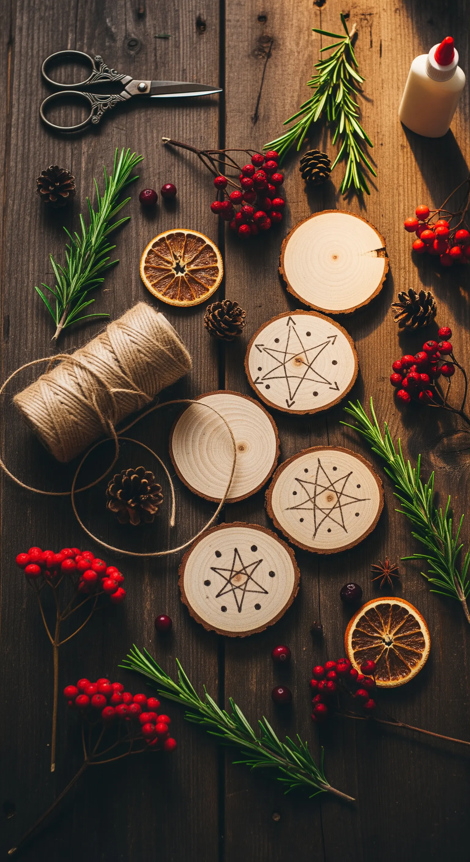 DIY-Materialien: Holzscheiben, Beeren, Tannenzweige, Juteband und Schere auf Holztisch