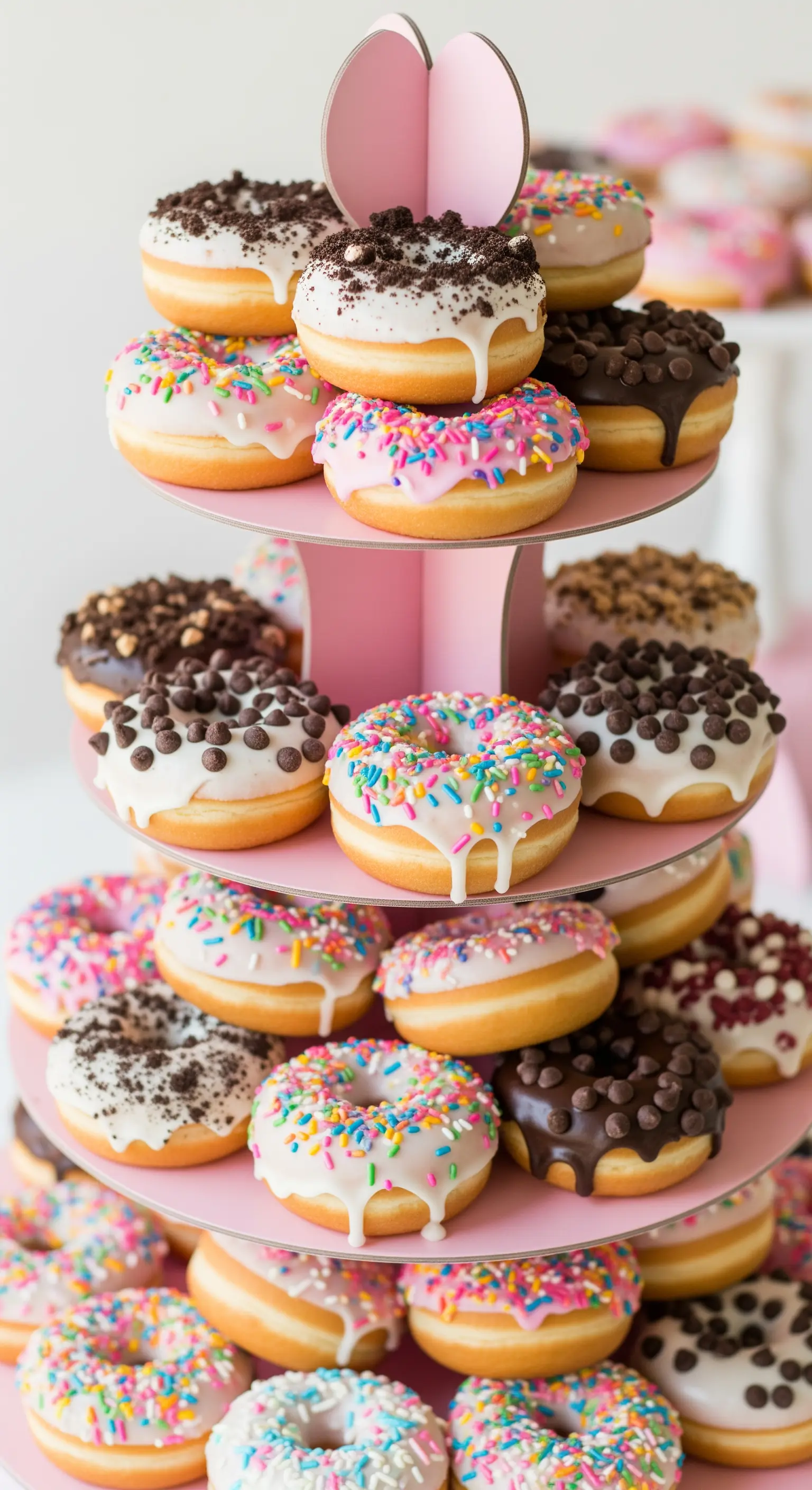 Rosa Etagere, die zu einem hohen Turm aus verschieden dekorierten Donuts gestapelt ist.