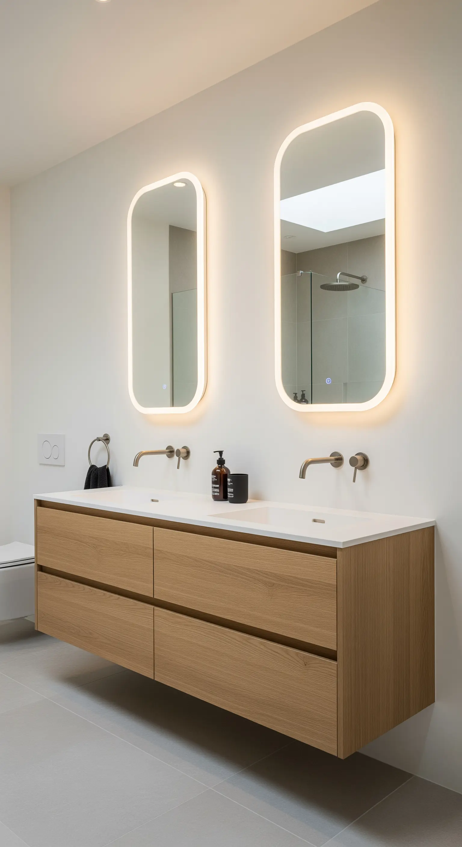 Doppelwaschtisch aus Holz mit zwei vertikalen, hinterleuchteten Spiegeln.