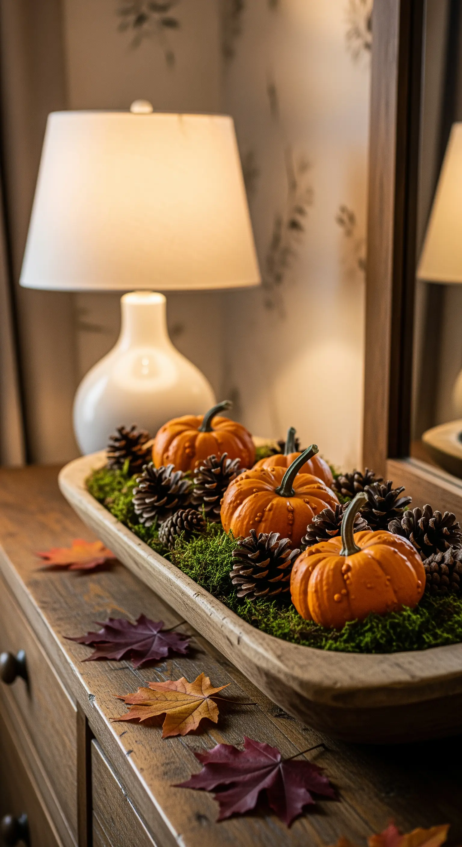 Dough Bowl mit Kürbissen, Moos und Tannenzapfen auf rustikaler Kommode