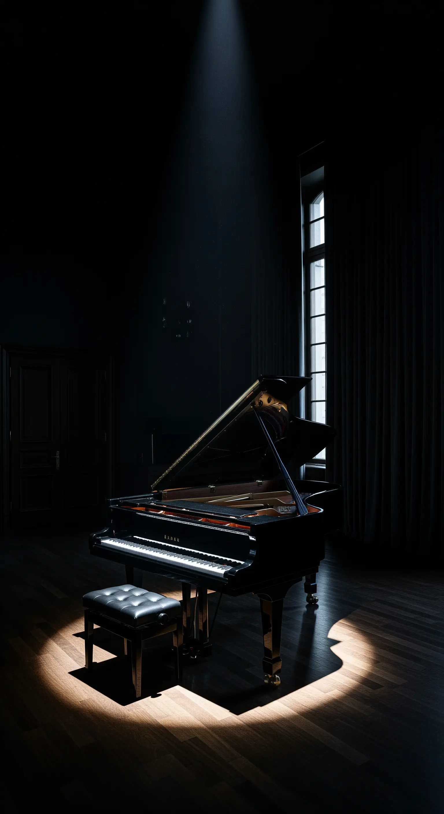 Schwarzer Flügel in einem dunklen Raum, dramatisch von einem Spotlight beleuchtet, hohes Fenster