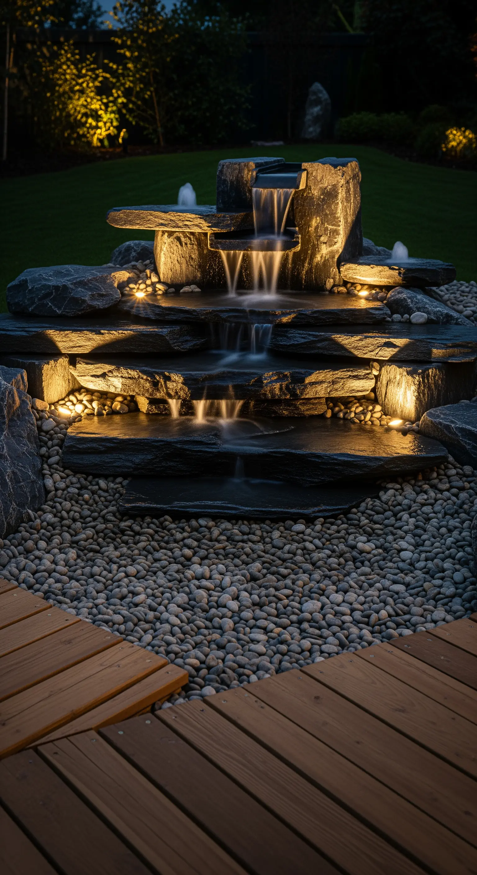 Beleuchteter mehrstufiger Steinwasserfall in der Nacht mit Kieselsteinen