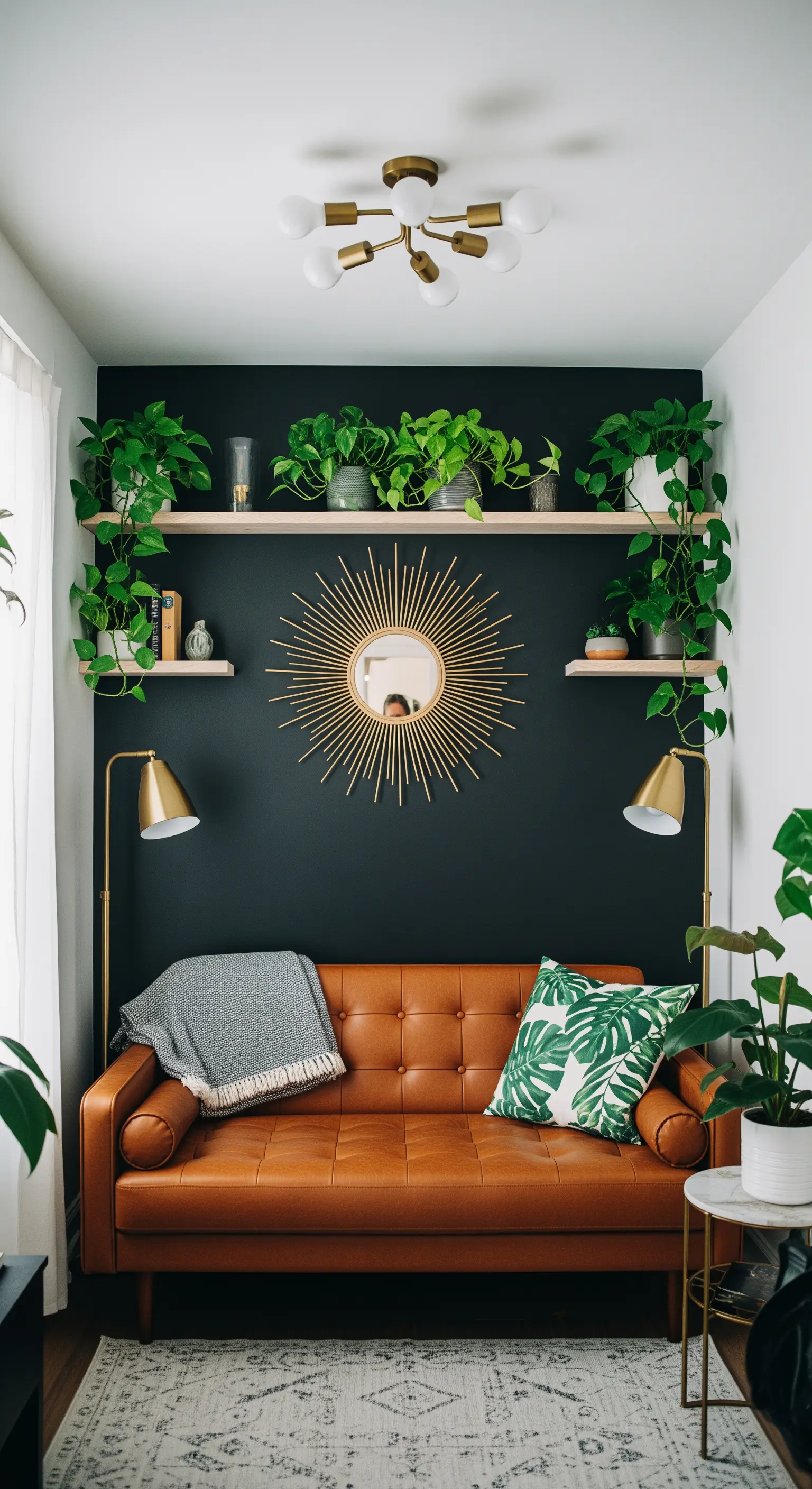 Eine dunkle Akzentwand mit hellen Holzregalen, auf denen grüne Pflanzen arrangiert sind.