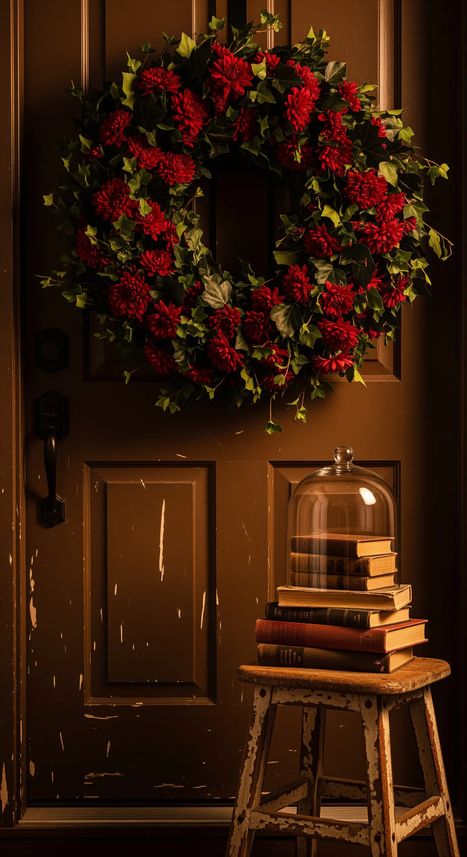 Roter Dahlien-Kranz an dunkelbrauner Tür, Hocker mit Büchern unter Glasglocke