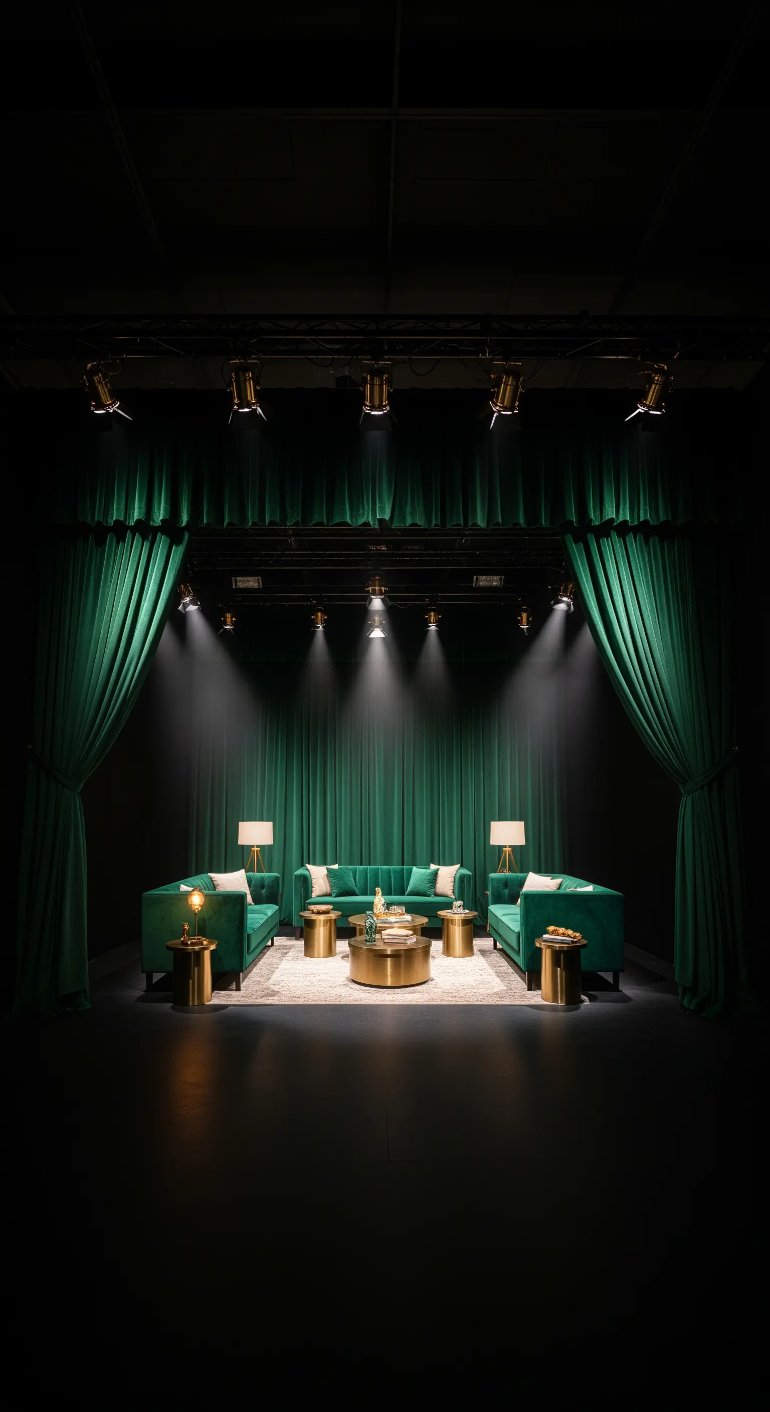 Smaragdgrüne Samtvorhänge, Spotlights, grüne Samtsofas, Messingtische