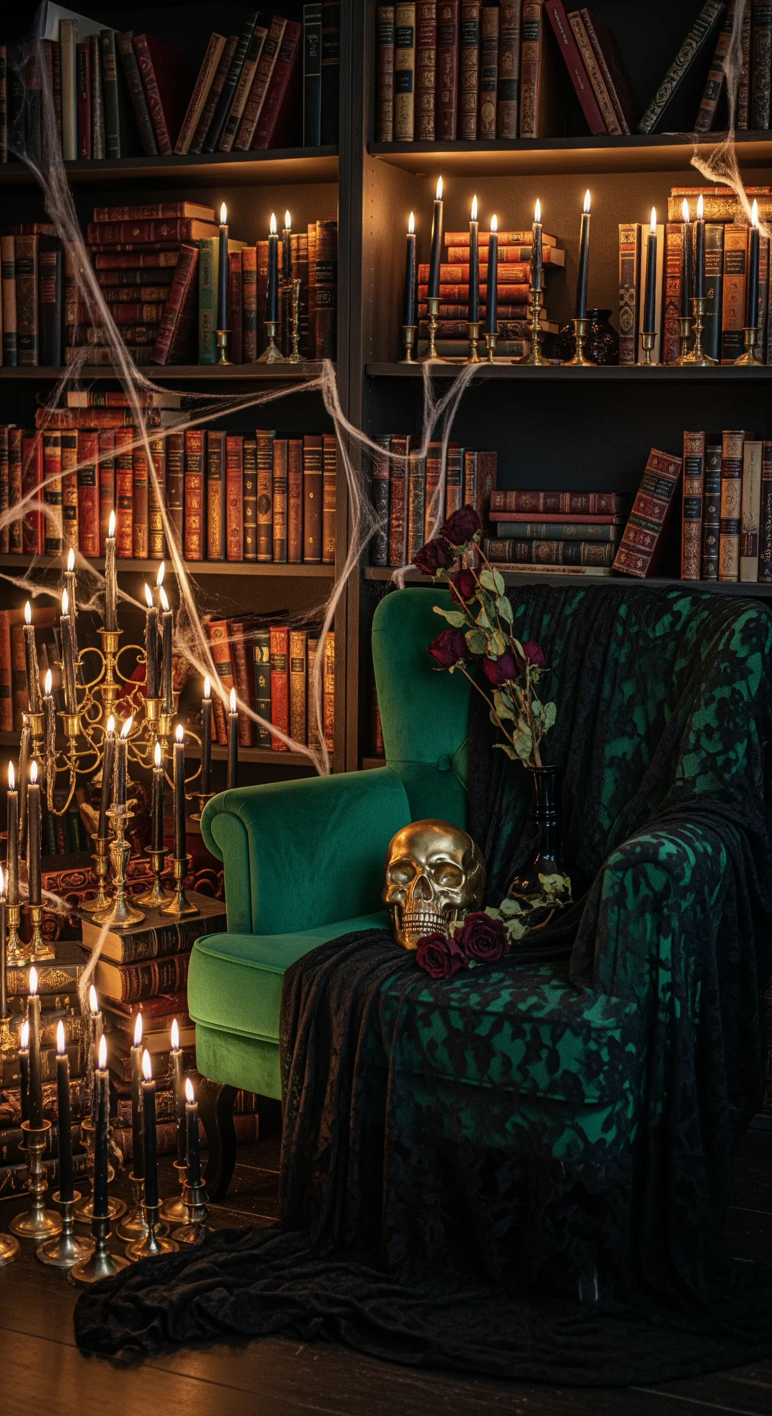 Dark Academia Bibliotheksecke mit Kerzen, Sessel und Totenkopf
