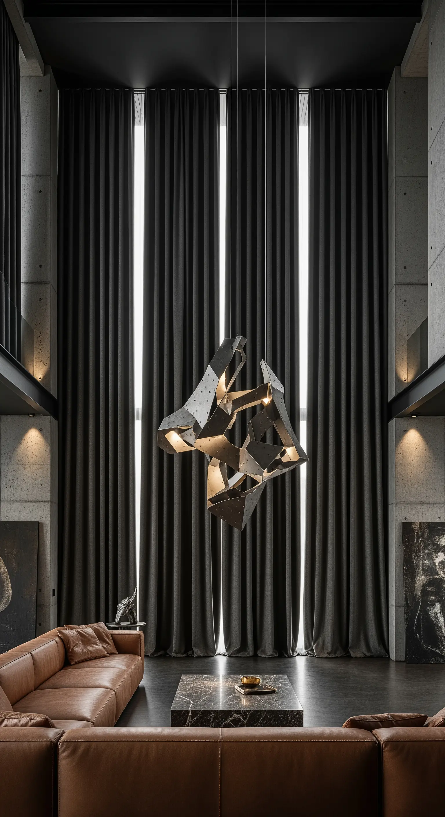 Hohes Wohnzimmer mit raumhohen dunklen Vorhängen, Ledersofa und moderner Hängelampe