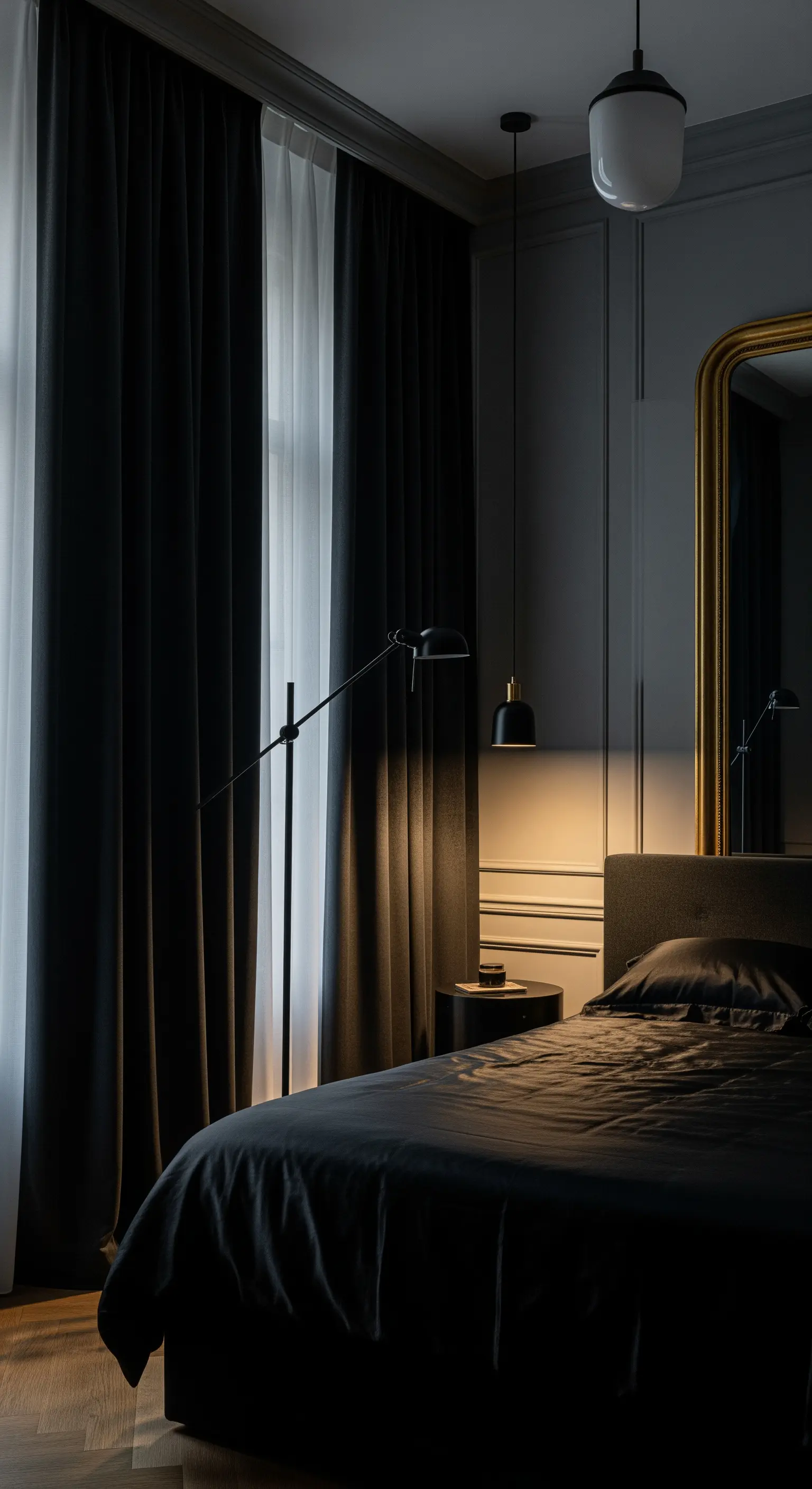 Dunkles, stimmungsvolles Schlafzimmer mit schwarzen Vorhängen und gezielter Beleuchtung