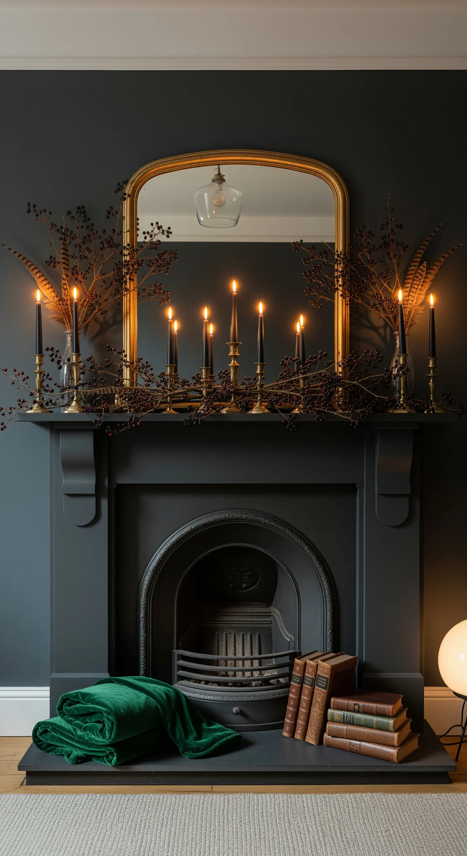 Dunkelgrauer Kamin mit schwarzen Kerzen, Goldspiegel und Beeren-Zweigen.