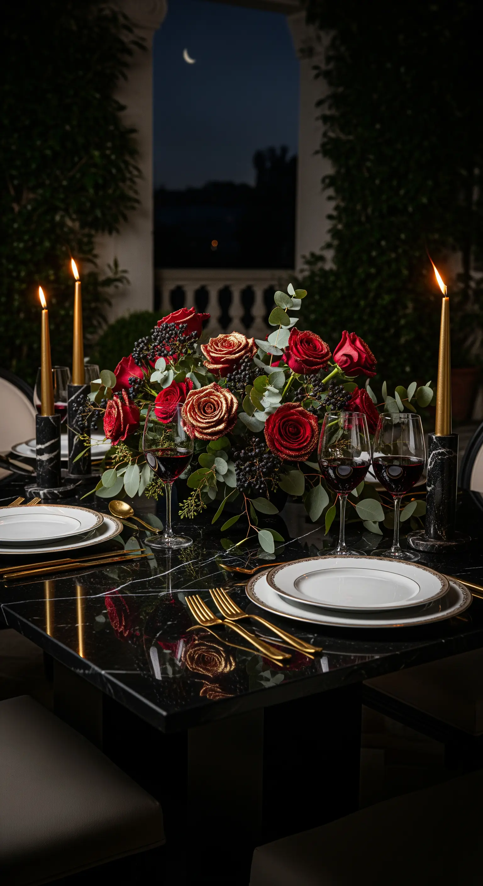 Schwarzer Marmortisch mit roten Rosen, goldenen Akzenten und schwarzen Kerzen.