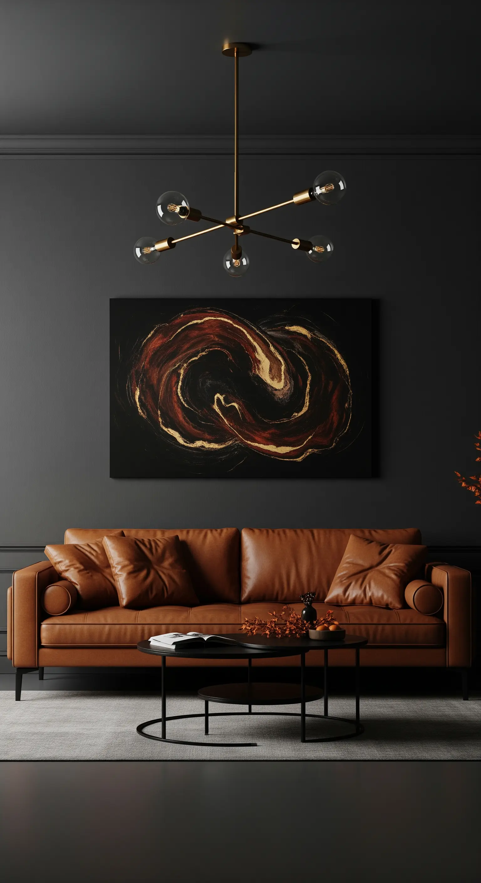 Cognacfarbenes Ledersofa vor einer schwarzen Wand mit moderner Kunst.